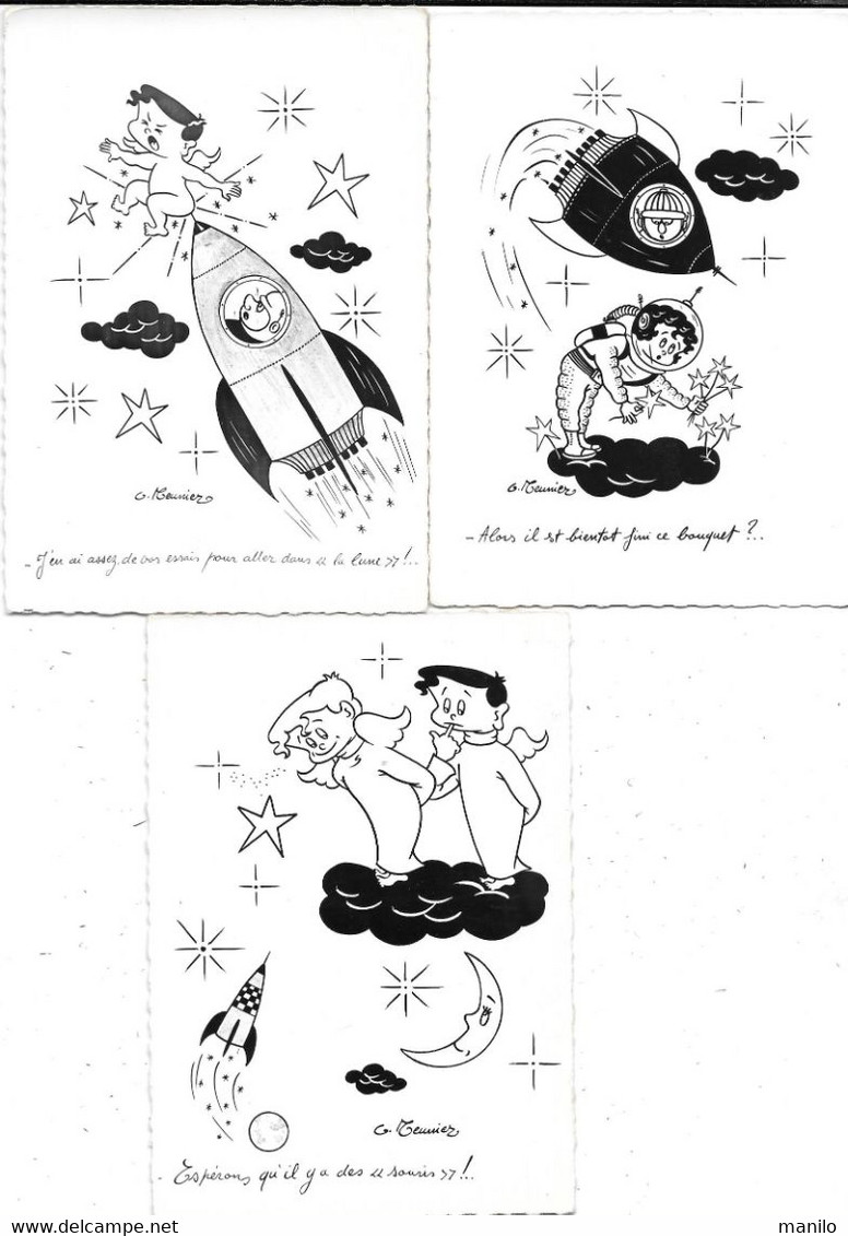 ASTRONOMIE -7 Cartes  Illustrées Par G.MEUNIER - ANGES, POLICIER, LUNE HUMANISEE, VENUS,SATELLITE  Série LES FUSEES - Astronomia