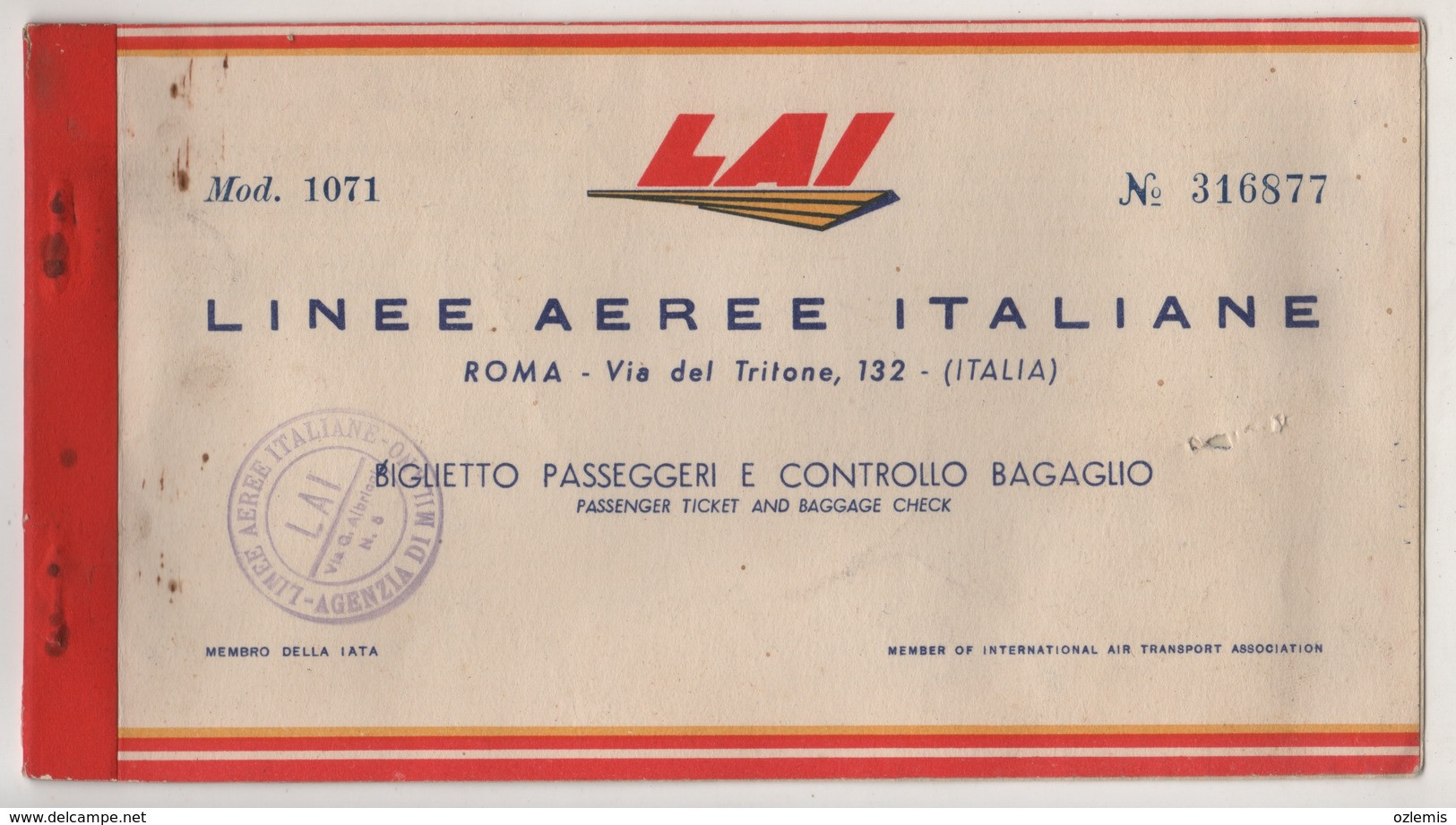 LAI LINEE AEREE ITALIANE AIRLINES PASSENGER TICKET - Europe