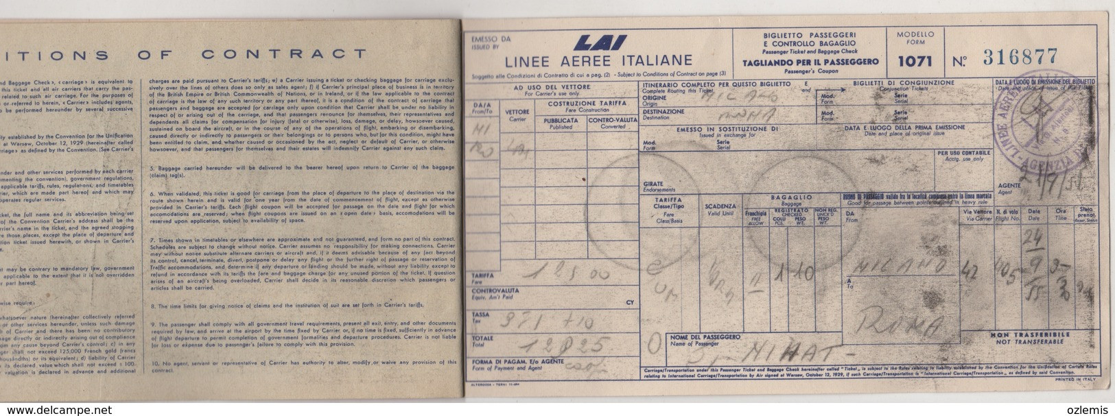 LAI LINEE AEREE ITALIANE AIRLINES PASSENGER TICKET - Europe