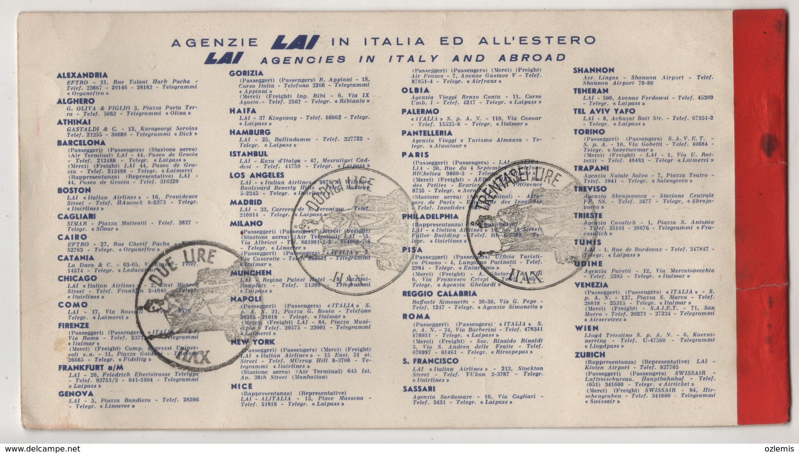 LAI LINEE AEREE ITALIANE AIRLINES PASSENGER TICKET - Europe