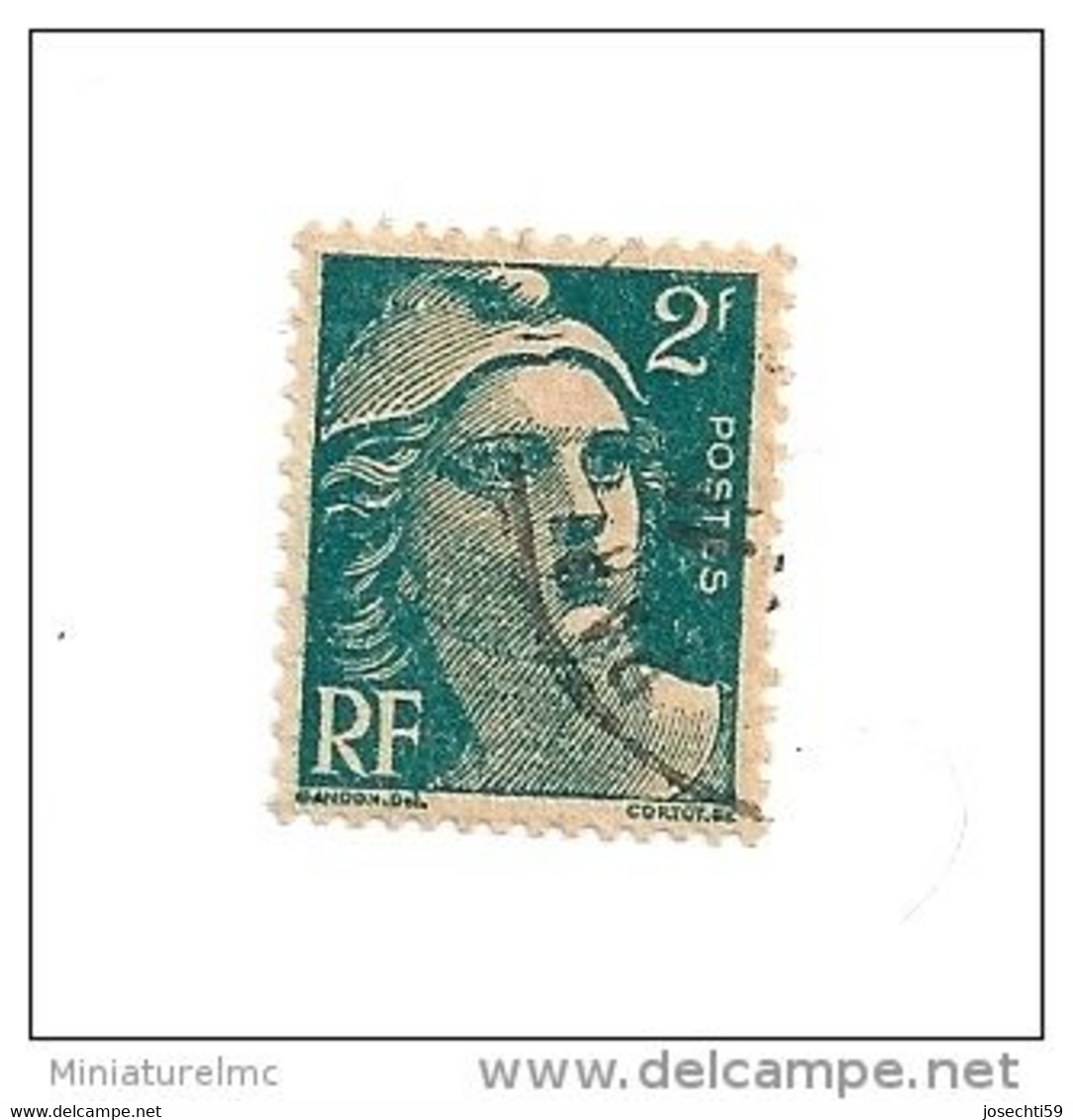 N°  713 Marianne De Gandon 2 F Vert 1945 Timbre France Oblitéré Variété Papier Jaunâtre - Used Stamps