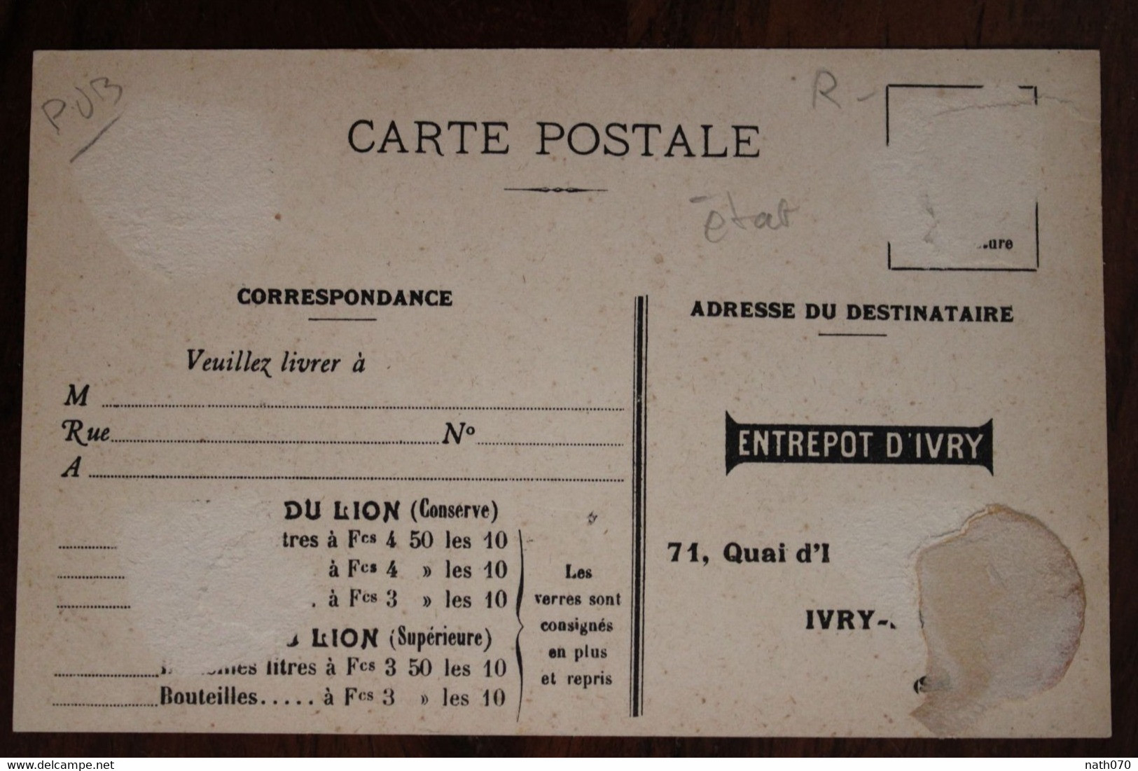 1910's CPA Ak Publicité Pub Illustrateur Bière Du Lion Beer Entrepot D'Ivry - Sonstige & Ohne Zuordnung