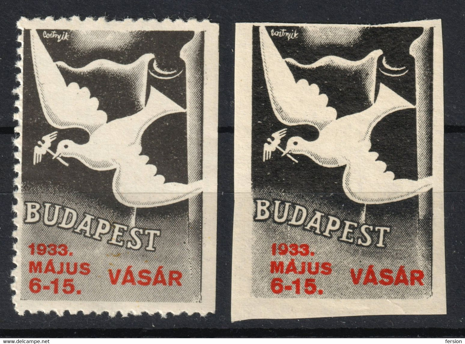 Peace Pigeon Dove HERMES CaduceusLABEL CINDERELLA VIGNETTE 1933 Budapest Hungary Exhibition Fair Perforated Unperforated - Other & Unclassified