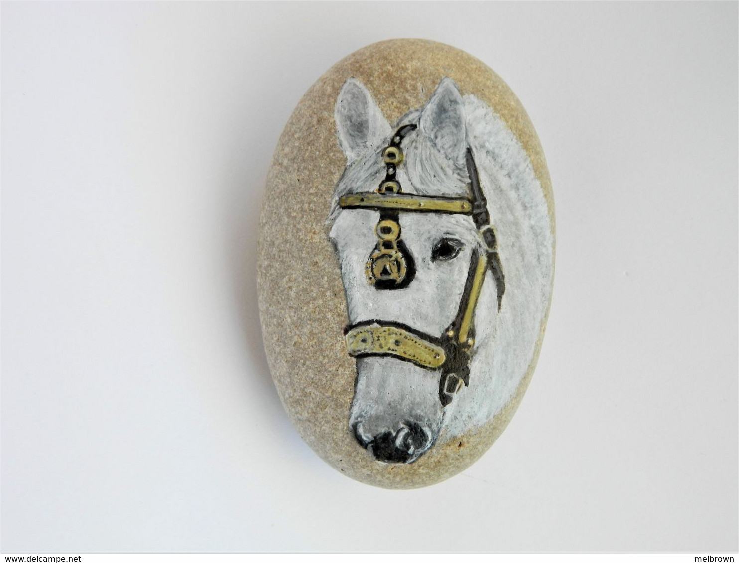 White Horse With Bridle Hand Painted On Smooth Beach Stone - Paper-weights