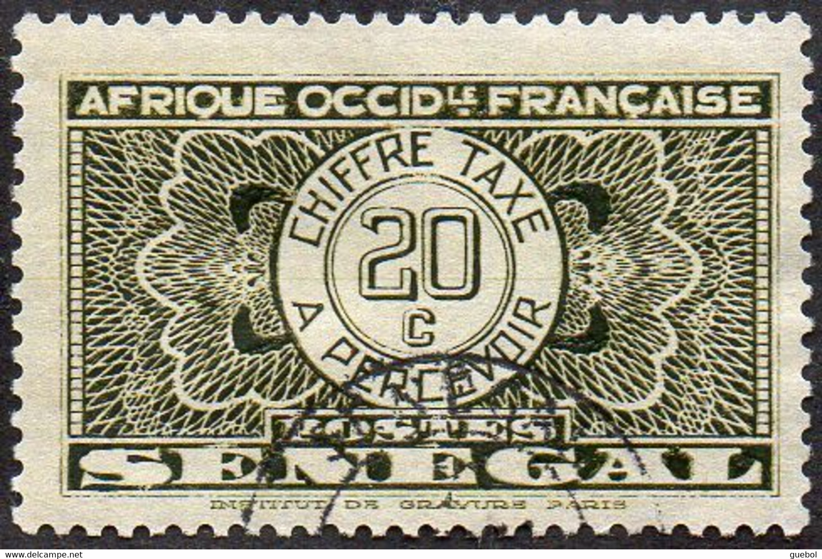 Sénégal Obl. N° Taxe 25 - Pièce De Monnaie Sur Fond Burelé Le 20c Olive - Timbres-taxe