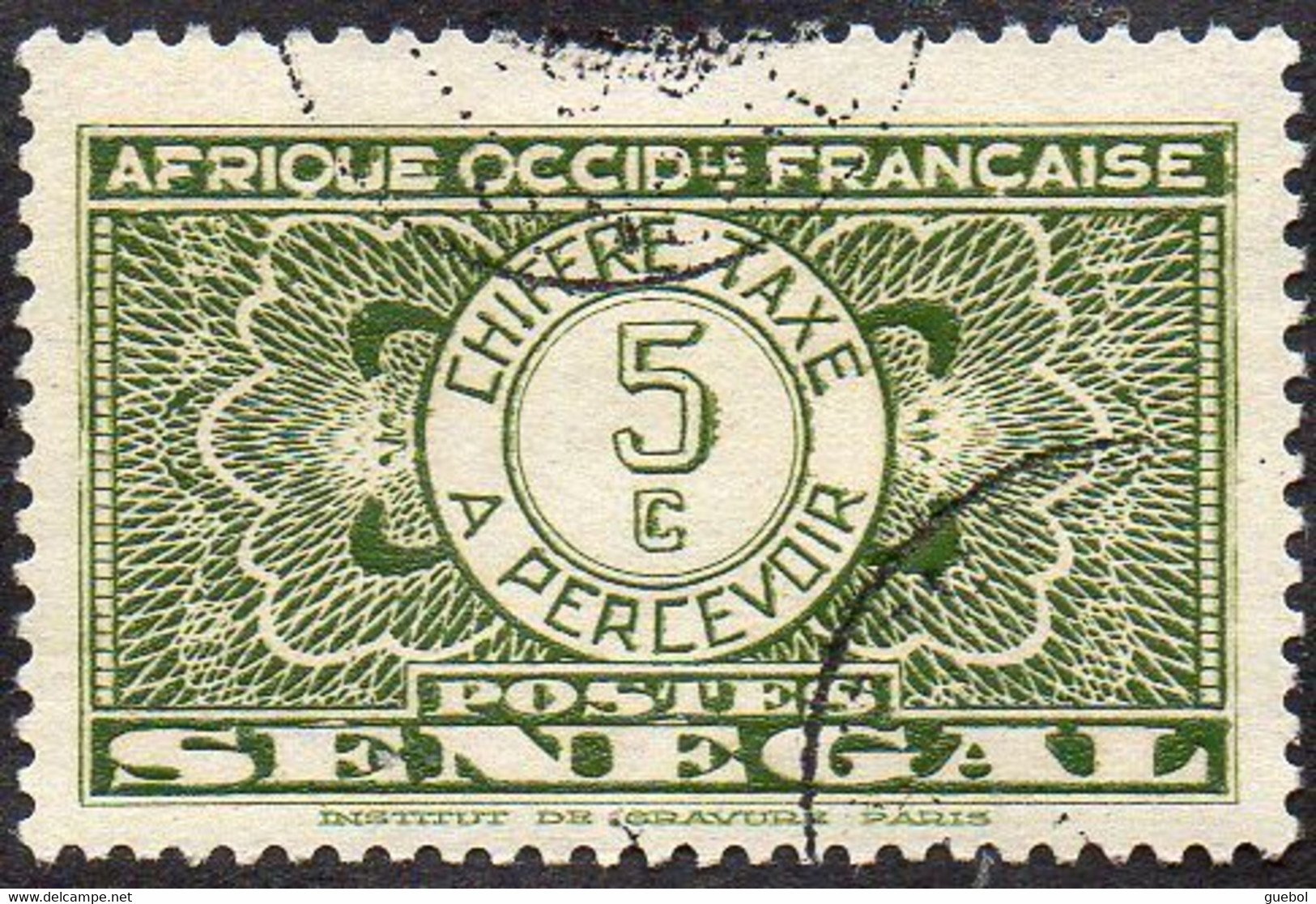 Sénégal Obl. N° Taxe 22 - Pièce De Monnaie Sur Fond Burelé Le 5c Vert-jaune - Segnatasse