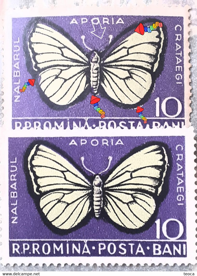 Errors Romanua 1956  # MI 1586 White Butterfly  Printed  With Move Moth Shifted To The Right Unused - Plaatfouten En Curiosa