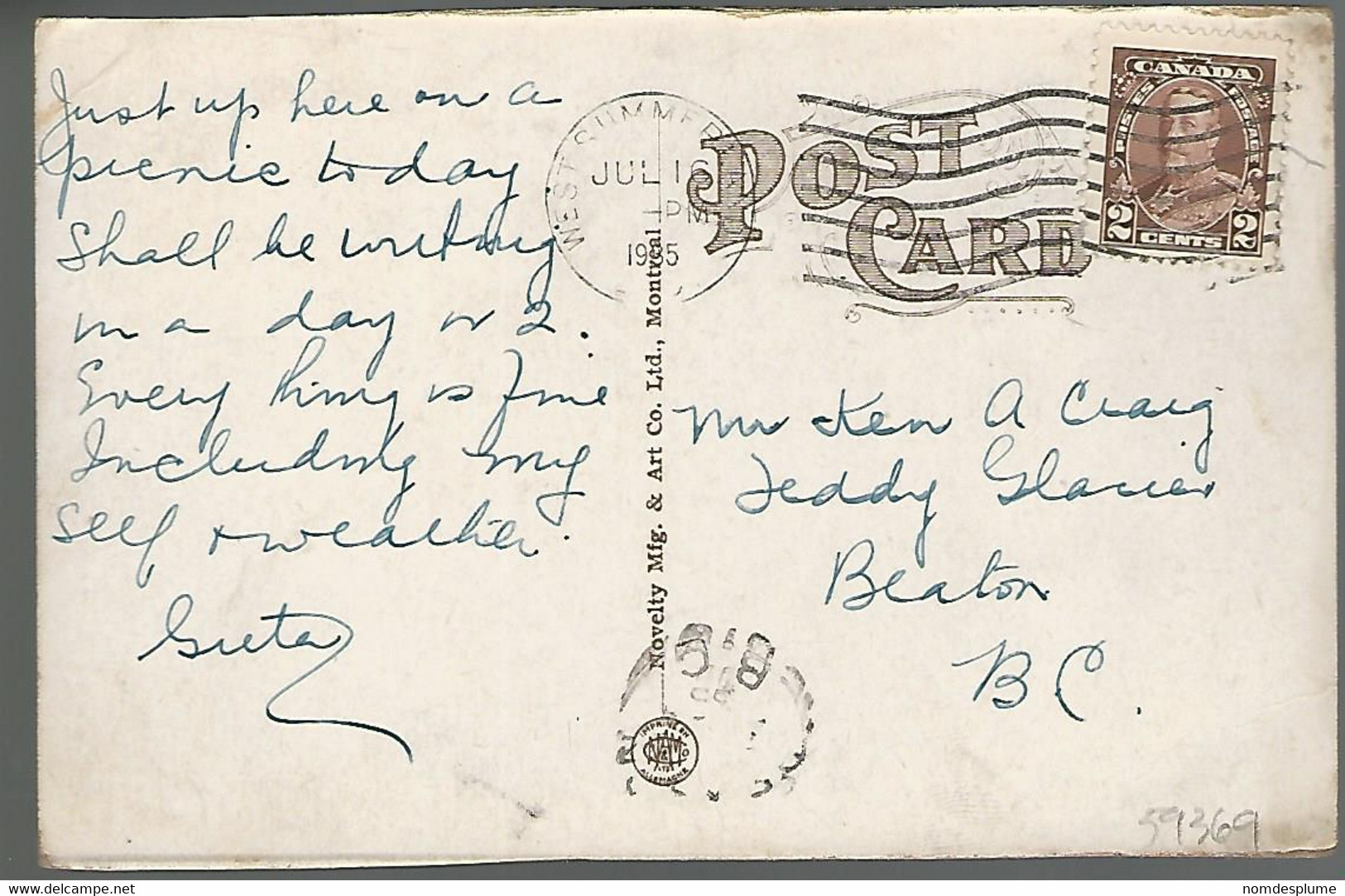 59369 ) BC SS Sicamous Okanagan Lake Penticton  1935 Postmark Cancel - Penticton