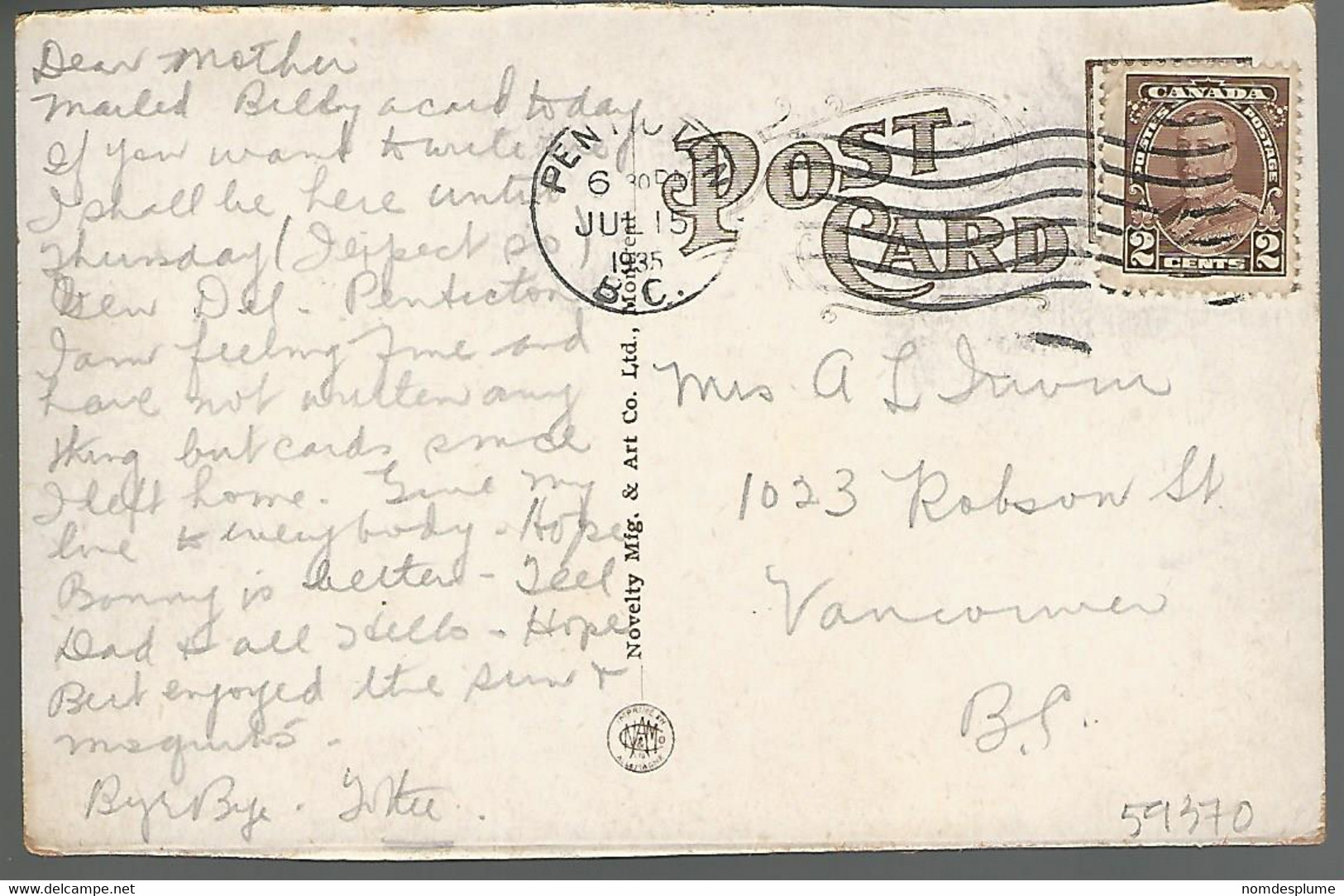 59370 ) BC Summerland Road Penticton   1935 Postmark Cancel - Penticton