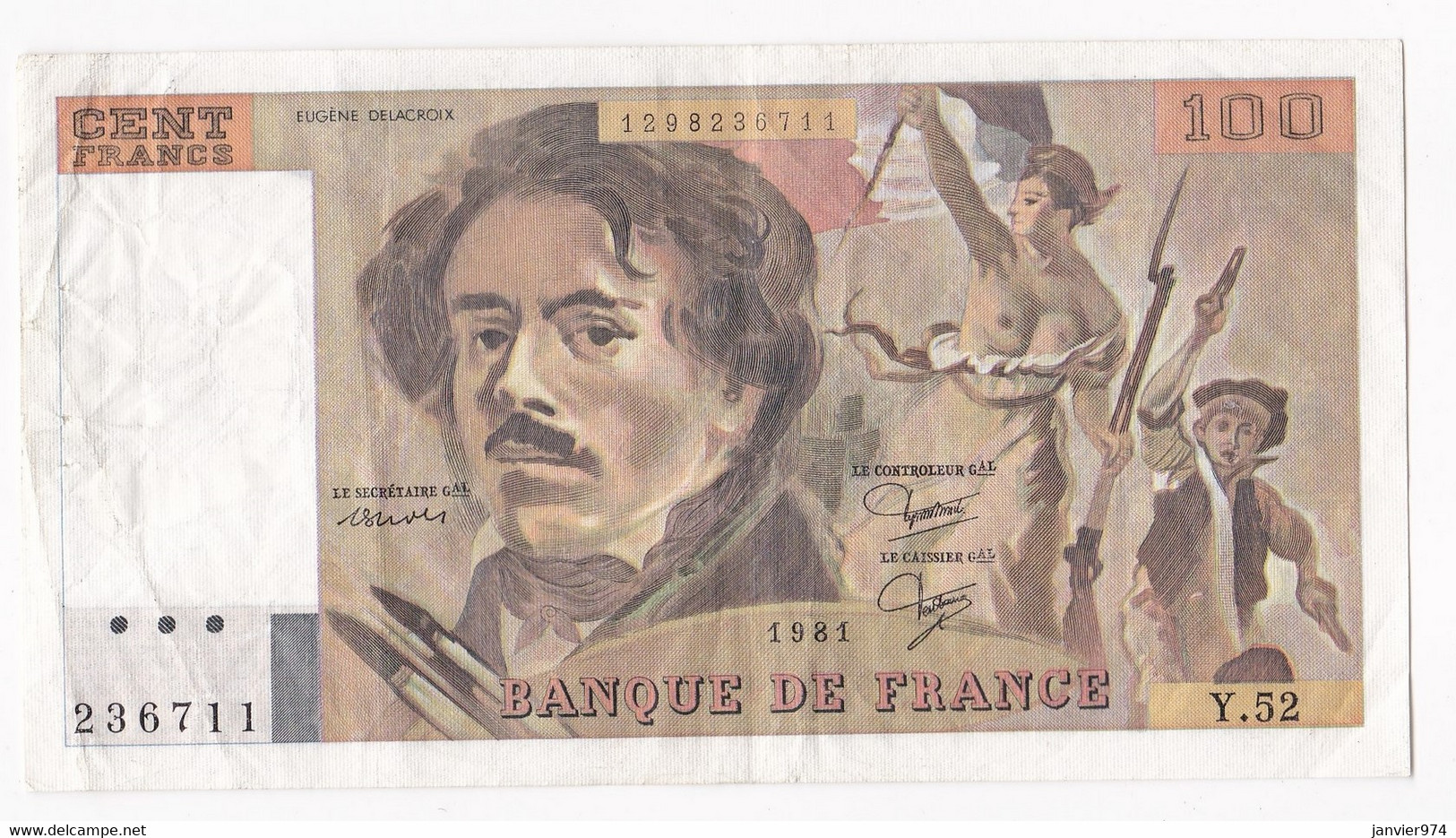 100 Francs Delacroix 1981 Alphabet Y.52 N 236711,  Billet Ayant Circulé - 100 F 1978-1995 ''Delacroix''