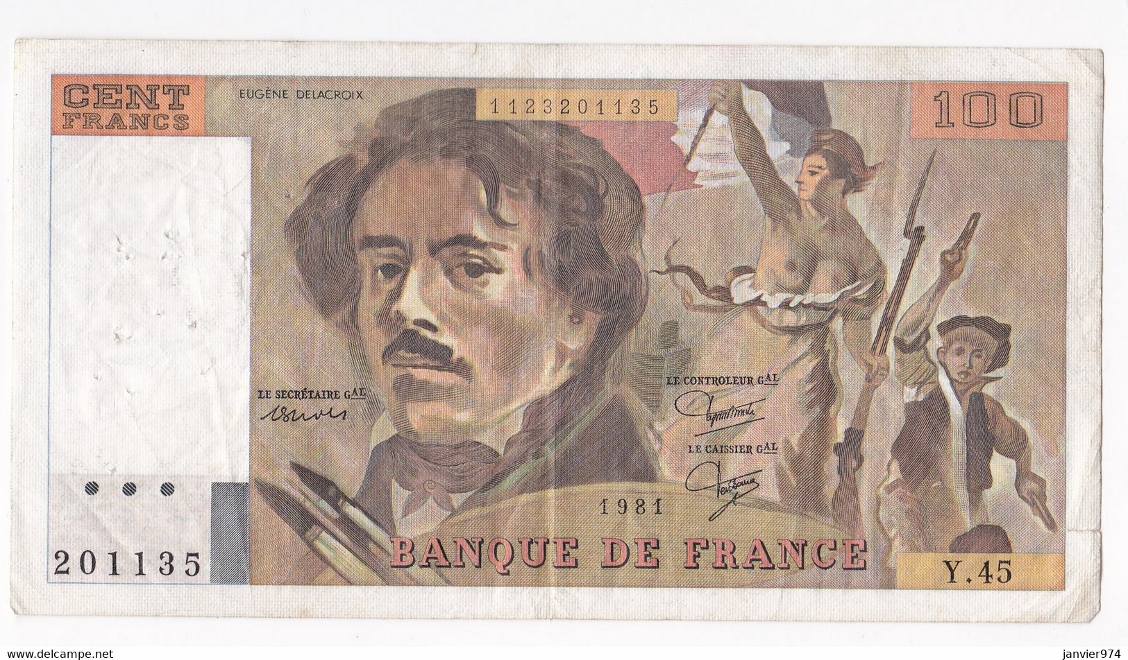 100 Francs Delacroix 1981 Alphabet Y.45 N 201135,  Billet Ayant Circulé - 100 F 1978-1995 ''Delacroix''