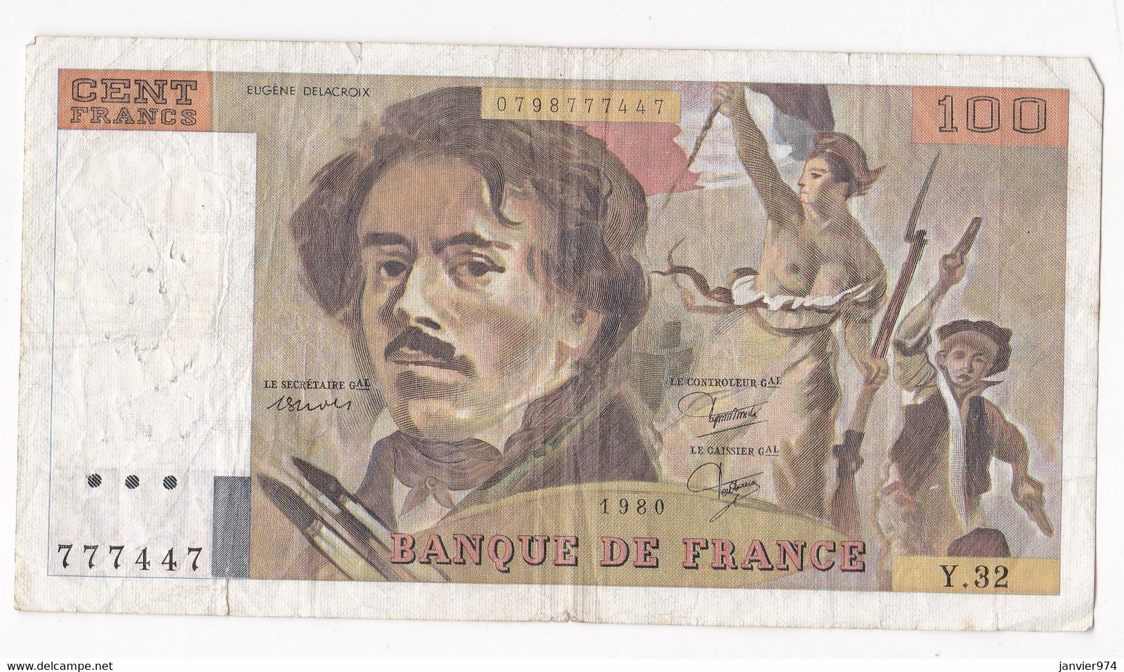 100 Francs Delacroix 1980 Alphabet Y.32 N 777447,  Billet Ayant Circulé - 100 F 1978-1995 ''Delacroix''