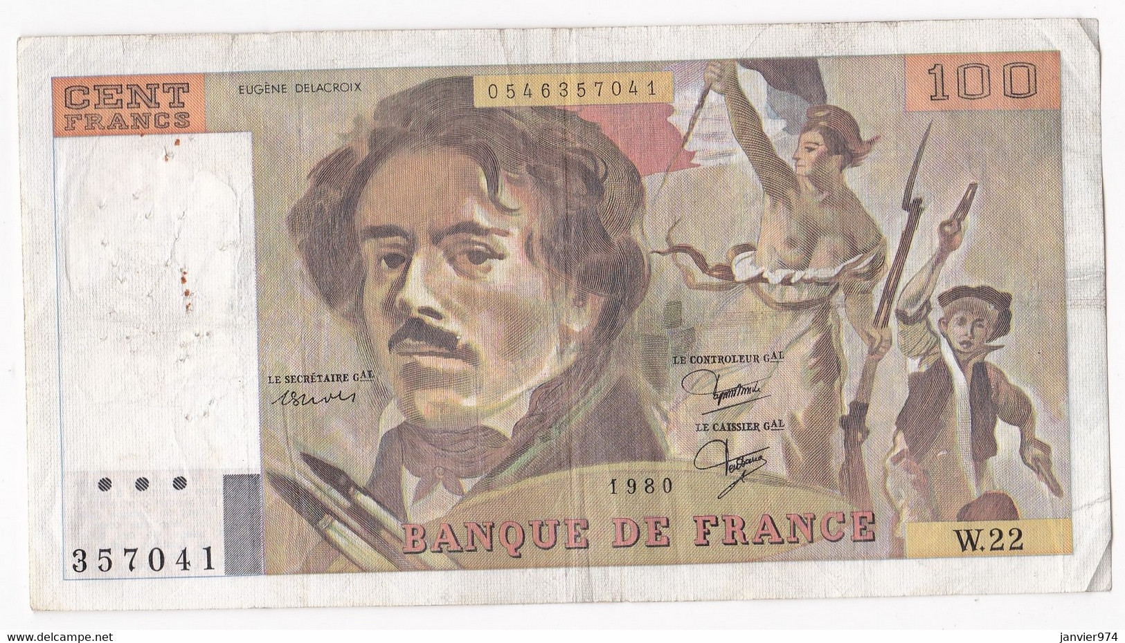 100 Francs Delacroix 1980 Alphabet W.22 N 357041,  Billet Ayant Circulé - 100 F 1978-1995 ''Delacroix''