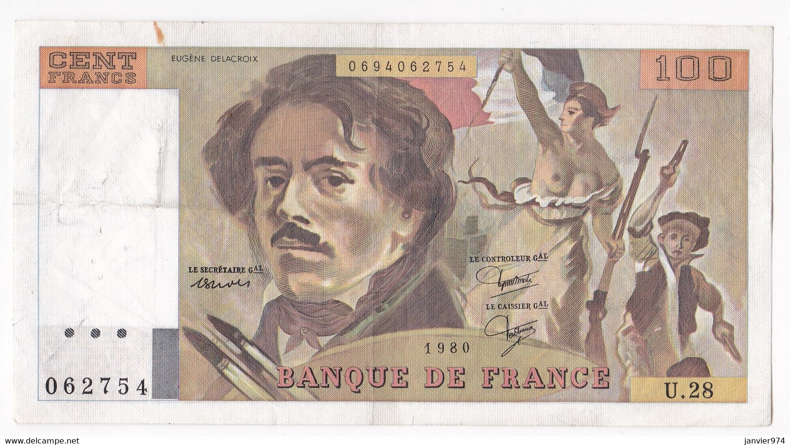 100 Francs Delacroix 1980 Alphabet U.28 N 062757,  Billet Ayant Circulé - 100 F 1978-1995 ''Delacroix''