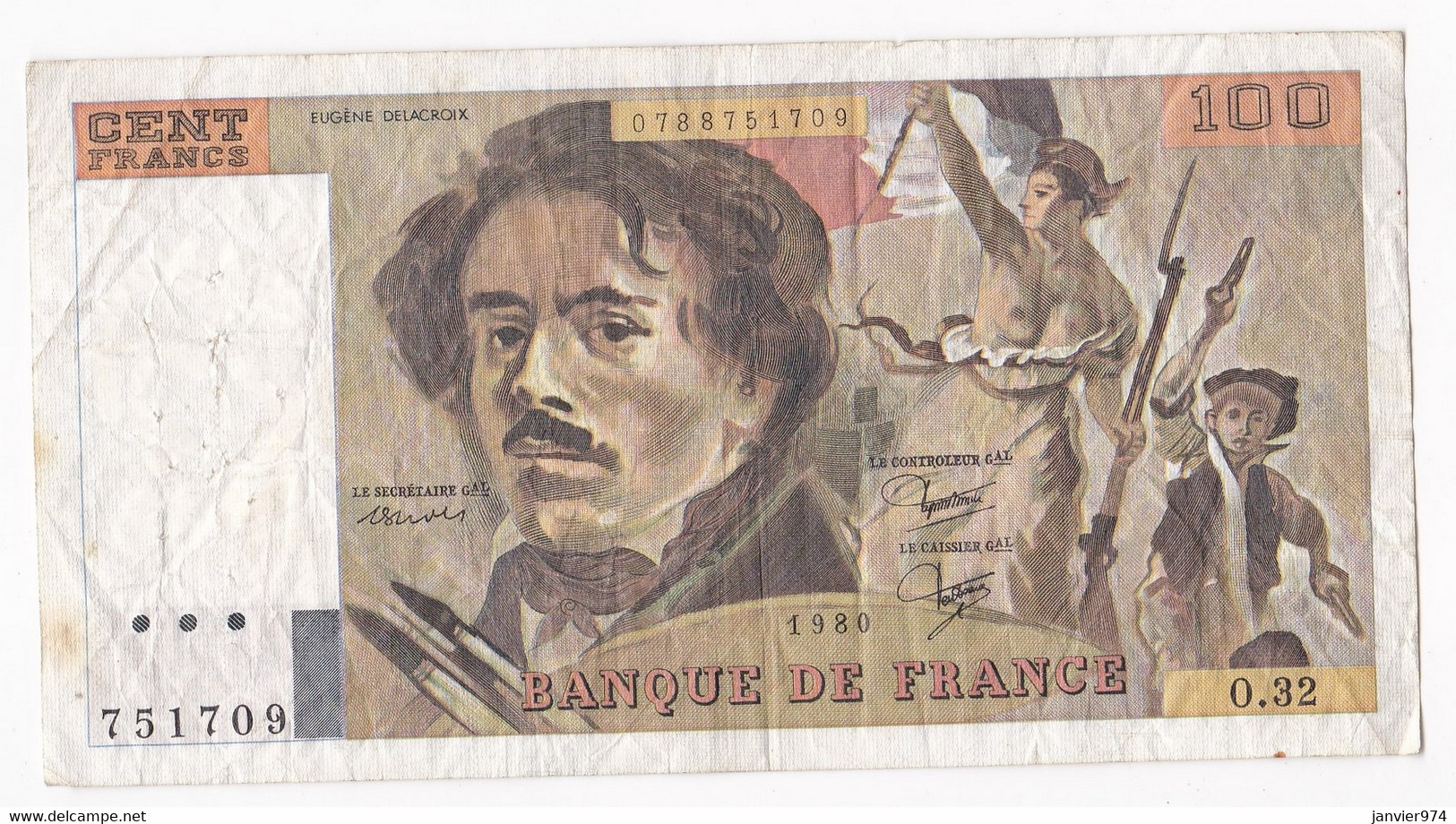 100 Francs Delacroix 1980 Alphabet O.32 N 751709,  Billet Ayant Circulé - 100 F 1978-1995 ''Delacroix''