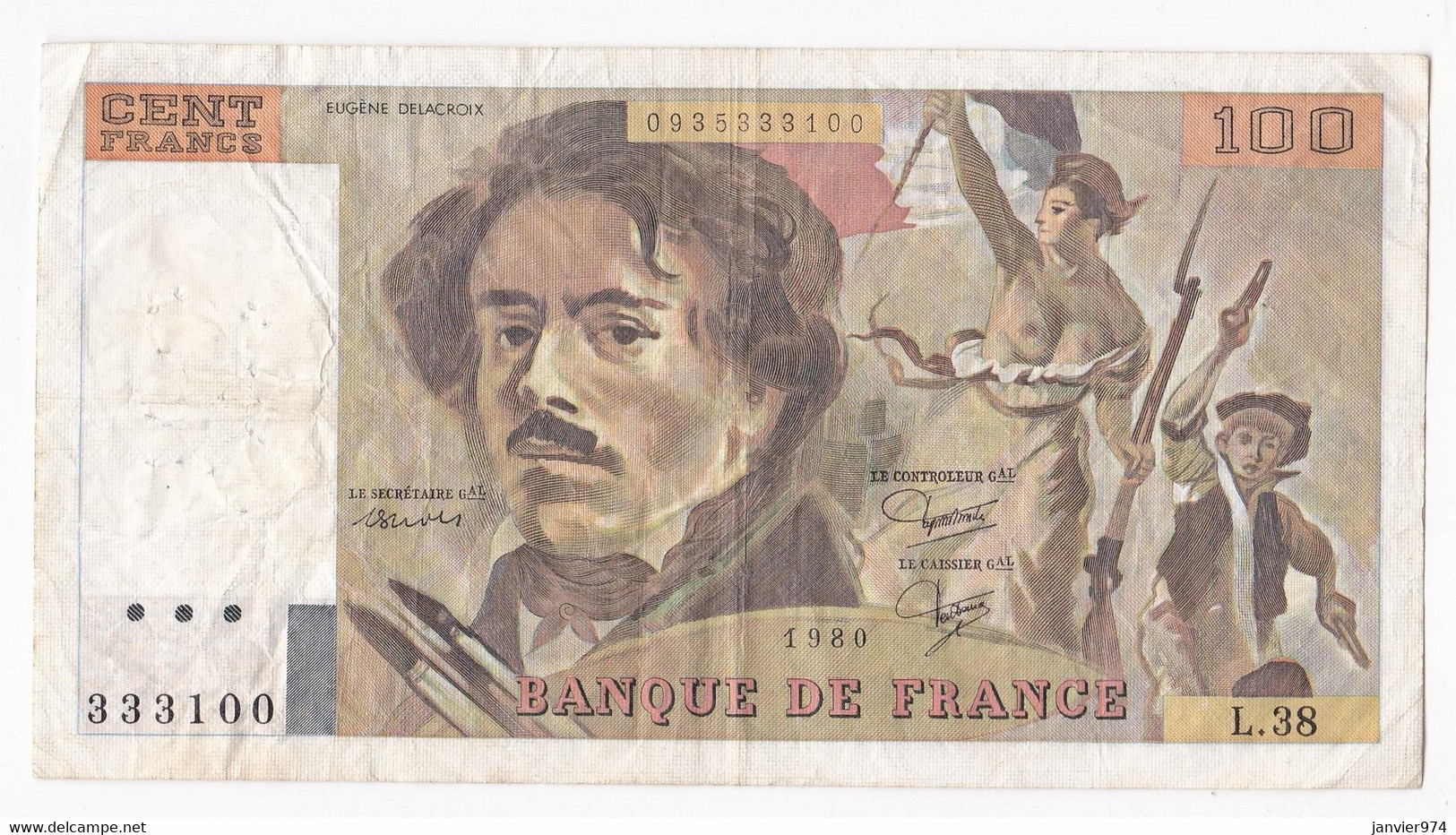 100 Francs Delacroix 1980 Alphabet L.38 N 333100,  Billet Ayant Circulé - 100 F 1978-1995 ''Delacroix''