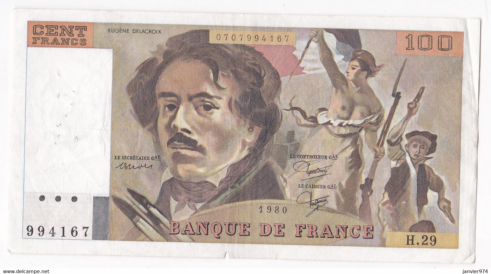 100 Francs Delacroix 1980 Alphabet H.29 N 994167,  Billet Ayant Circulé - 100 F 1978-1995 ''Delacroix''