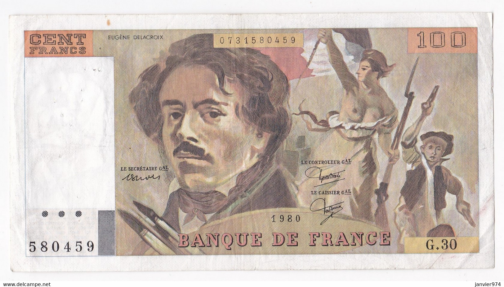 100 Francs Delacroix 1980 Alphabet G.30 N 580459,  Billet Ayant Circulé - 100 F 1978-1995 ''Delacroix''