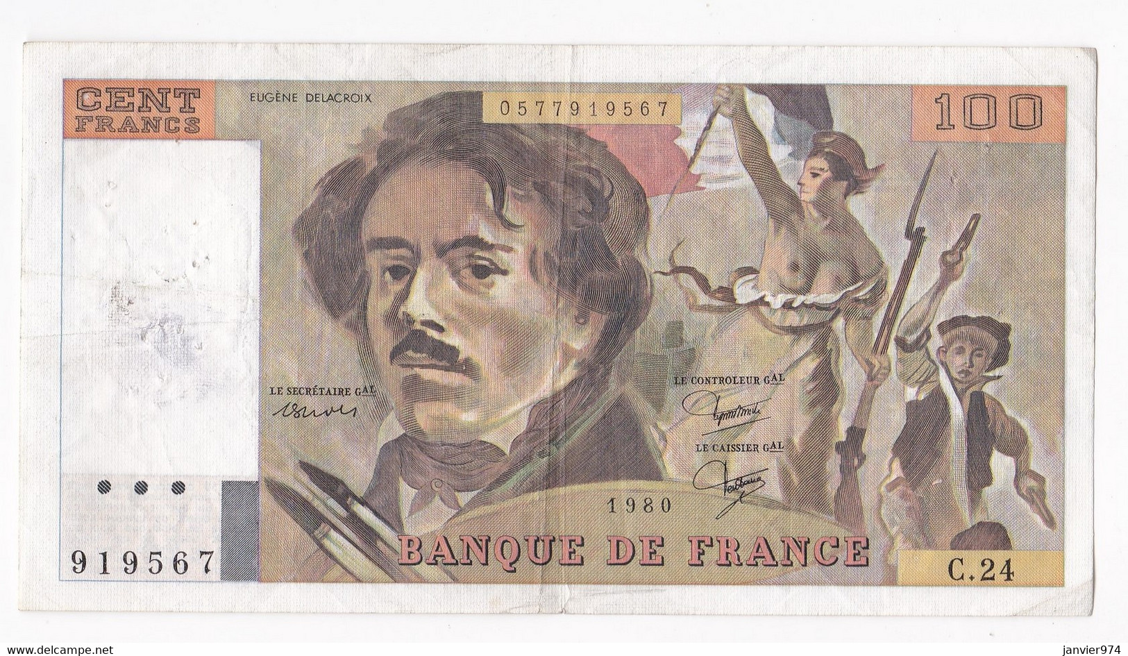 100 Francs Delacroix 1980 Alphabet C.24 N 919567,  Billet Ayant Circulé - 100 F 1978-1995 ''Delacroix''