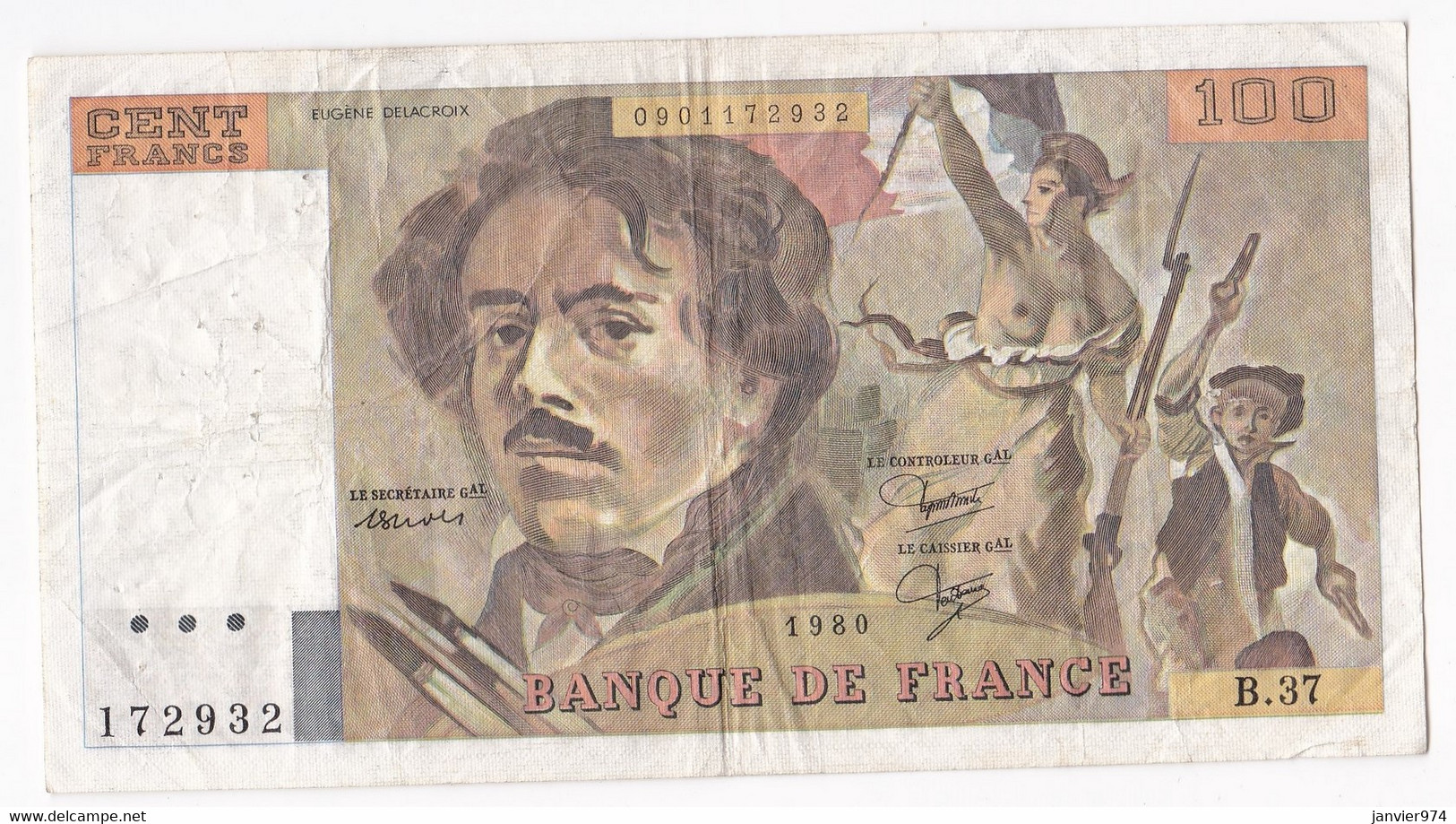 100 Francs Delacroix 1980 Alphabet B.37 N 172932,  Billet Ayant Circulé - 100 F 1978-1995 ''Delacroix''