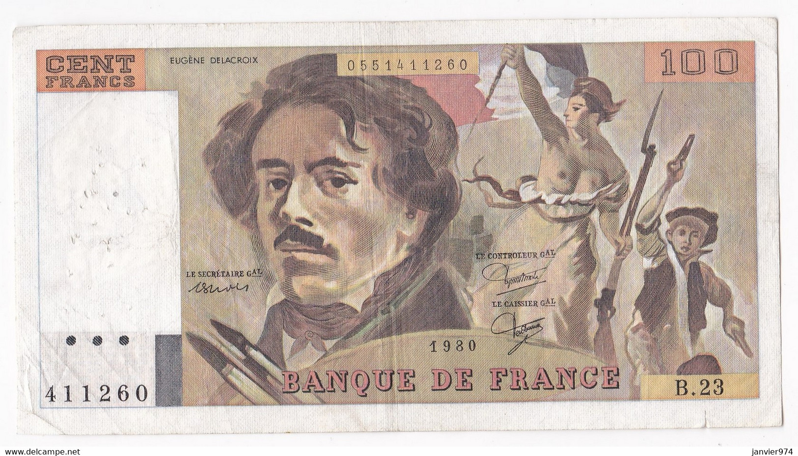 100 Francs Delacroix 1980 Alphabet B.23 N 411260,  Billet Ayant Circulé - 100 F 1978-1995 ''Delacroix''