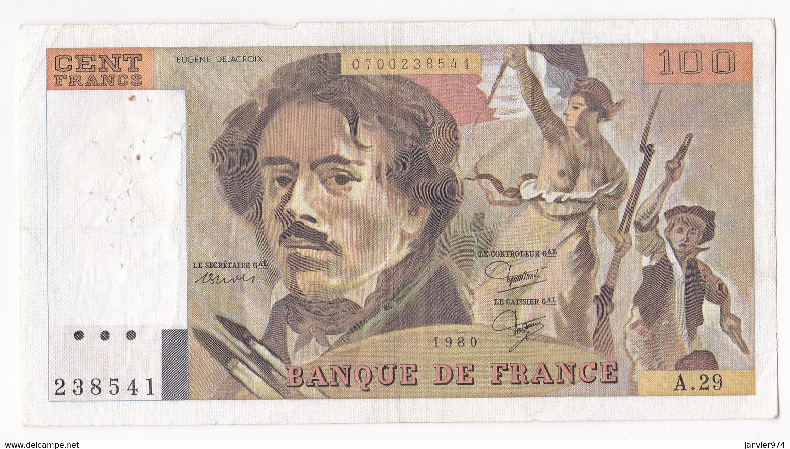 100 Francs Delacroix 1980 Alphabet A.29 N 238541,  Billet Ayant Circulé - 100 F 1978-1995 ''Delacroix''