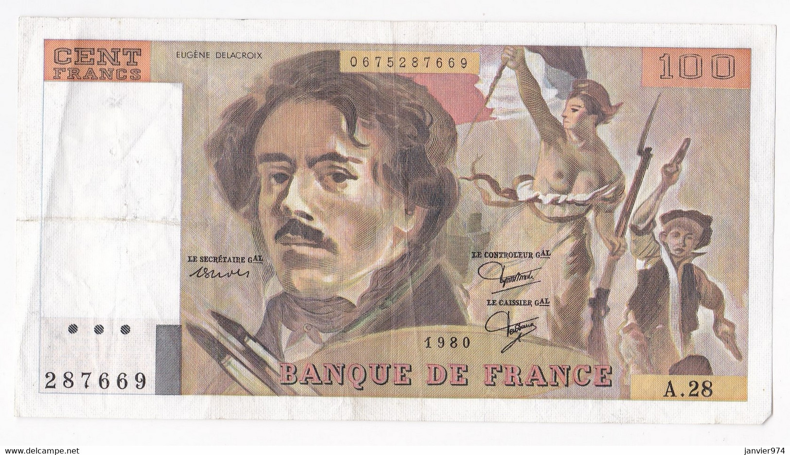 100 Francs Delacroix 1980 Alphabet A.28 N 287669,  Billet Ayant Circulé - 100 F 1978-1995 ''Delacroix''