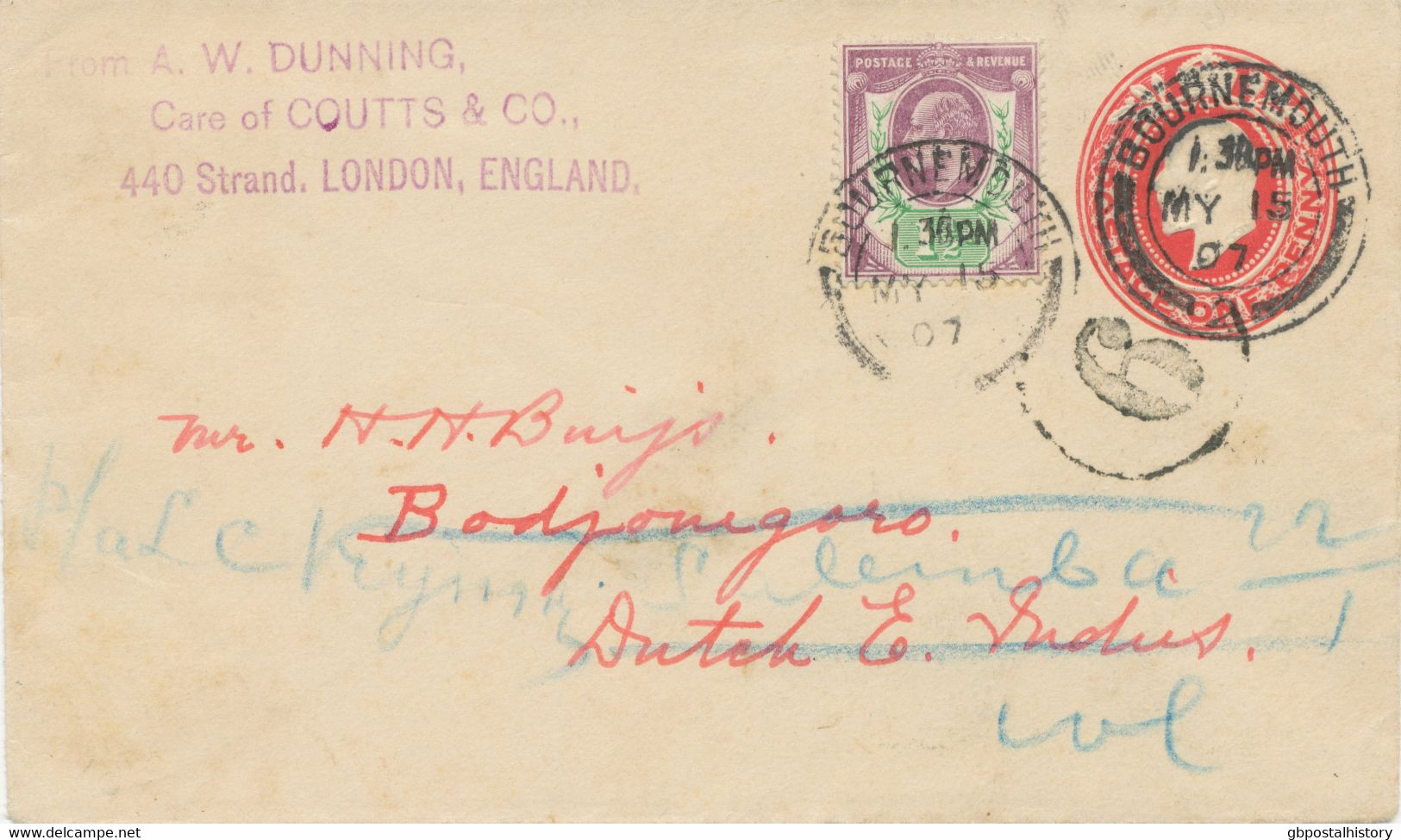 GB „BOURNEMOUTH / 2“ + „6“ In Large Circle (stamped In Durch Indies!!) On EVII 1d PS Uprated 1 1/2d To DUTCH EAST INDIES - Lettres & Documents