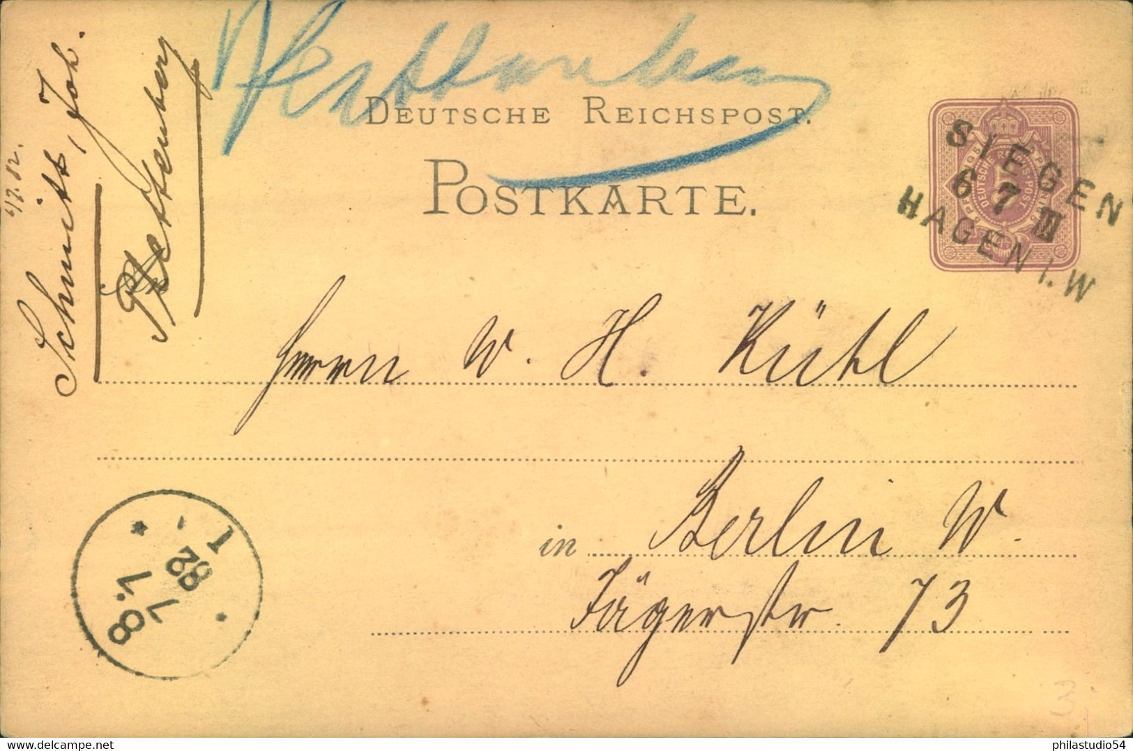 1882, Bahnpost L3 "SIEGEN - HAGEN I. W." Mit Handschriftlicher Übernahme "Plettenberg" Auf GSK - Altri & Non Classificati