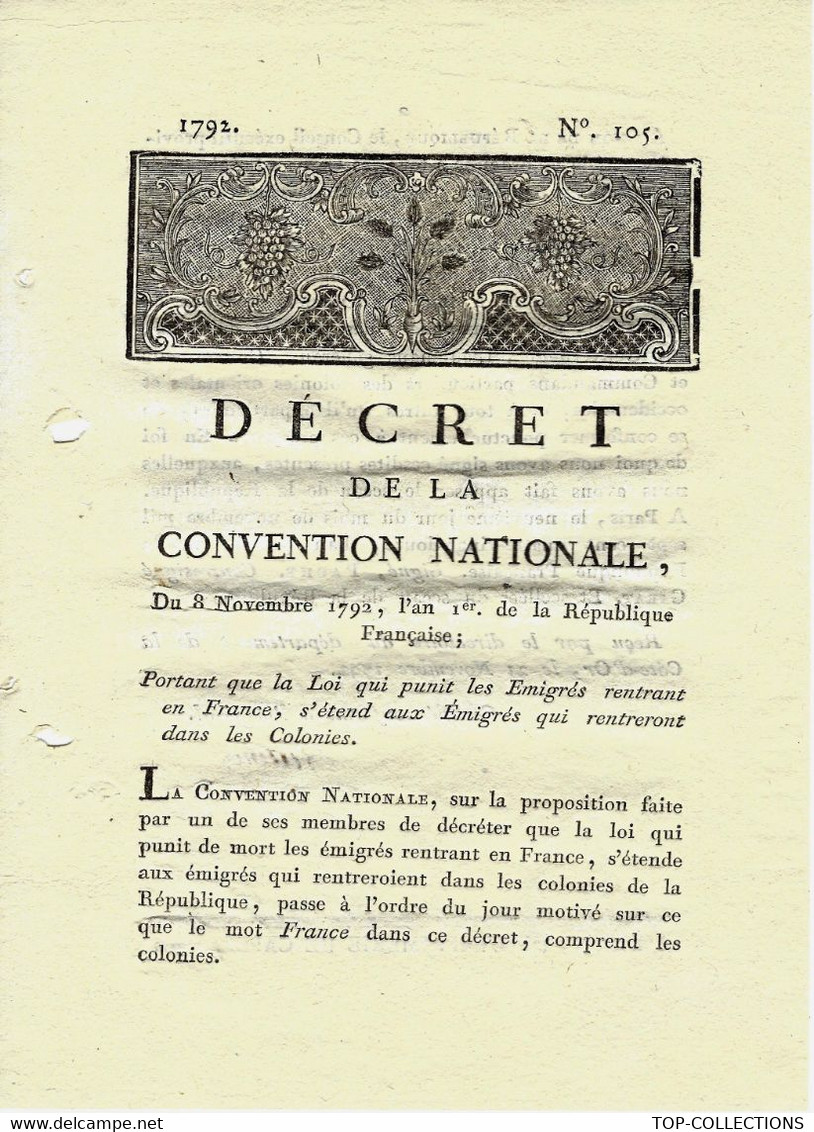 REVOLUTION COLONIES La Chasse Aux émigrés 1792  DECRET CONCERNANT LES EMIGRES  DIJON B.E.V.SCANS - Wetten & Decreten