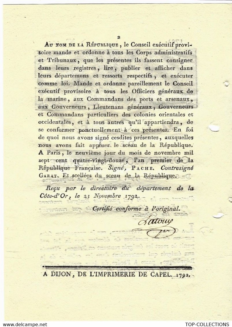 REVOLUTION COLONIES La Chasse Aux émigrés 1792  DECRET CONCERNANT LES EMIGRES  DIJON B.E.V.SCANS - Gesetze & Erlasse