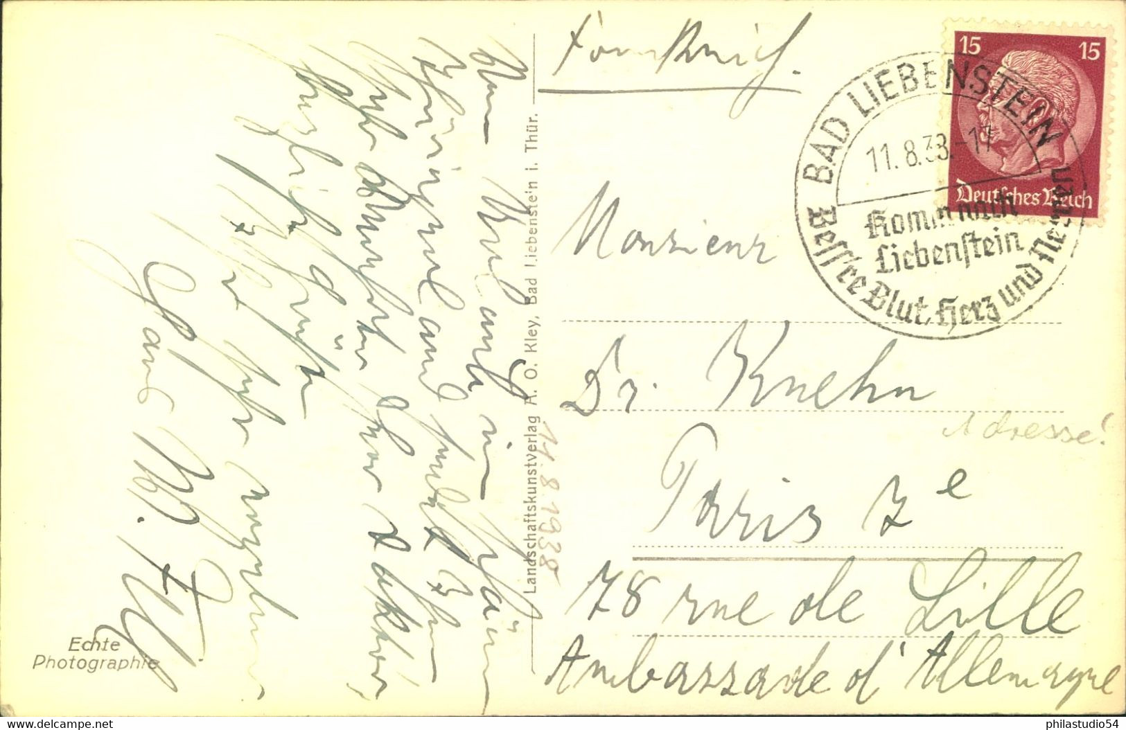 1938, Postkarte  Ab BAS UEBENSTEIN Nach PARIS An "Ambassade D 'Allemagne" - Other & Unclassified