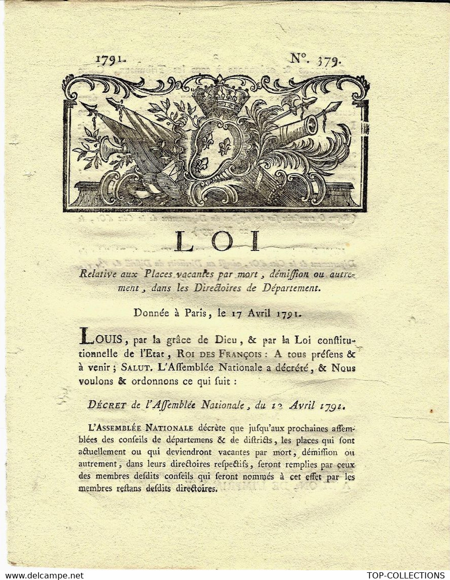 REVOLUTION  1792  LOI REMPLACEMENT COOPTATION DANS LES DIRECTOIRES DE DEPARTEMENT SUITE A MORT - Decreti & Leggi