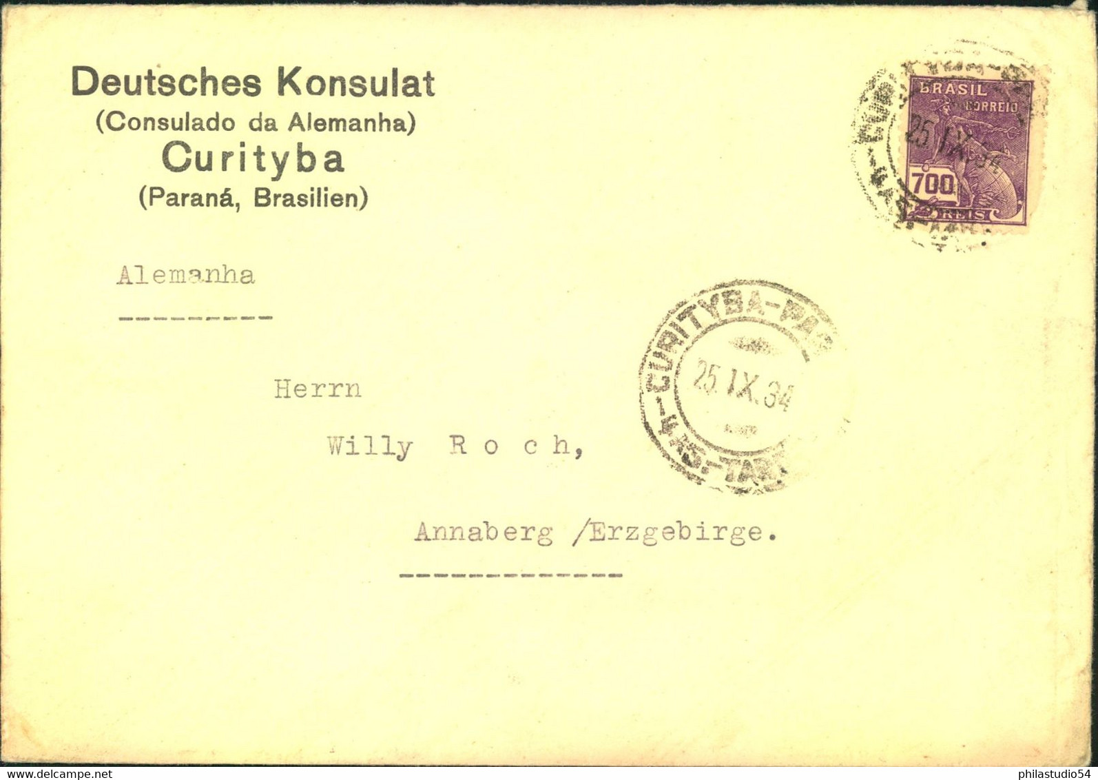 1934, "Deutsches Komsulat In Curityba (Parana, Brasilien). Brief Nach Deutschland. - Otros & Sin Clasificación