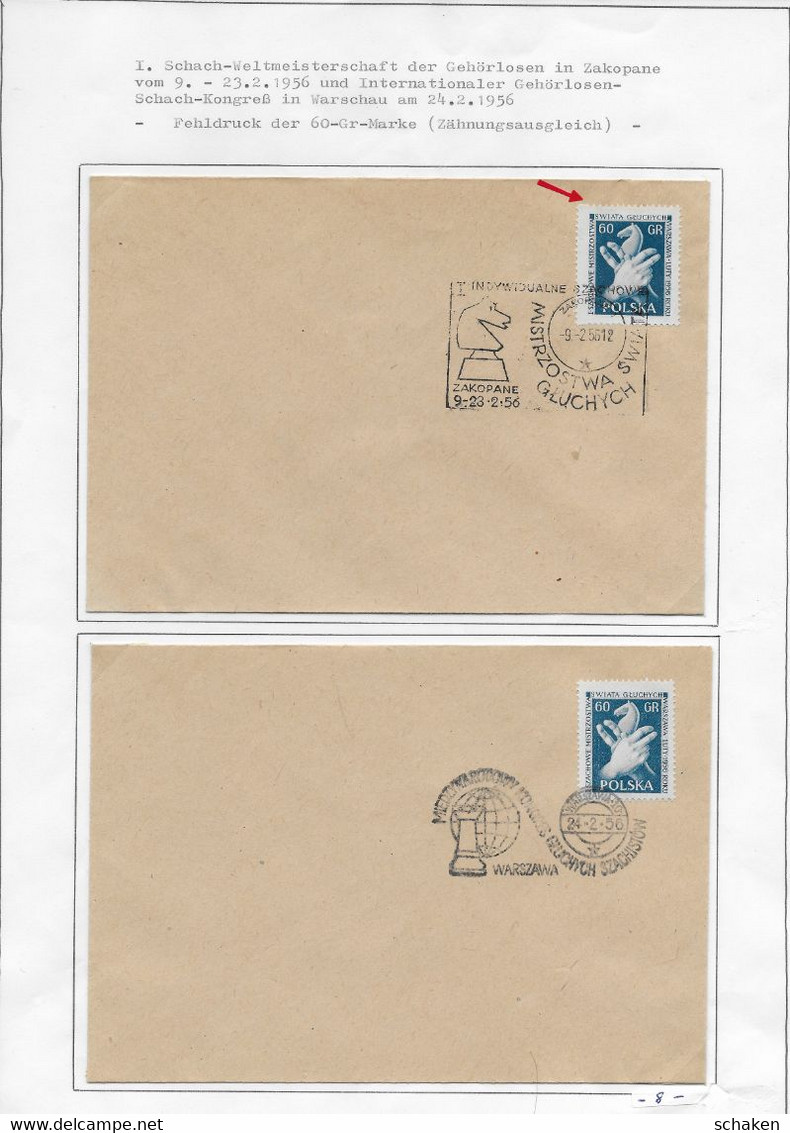 Polen 1956 ; Two Covers ;1 Error Stamp  1 Normal Perforation; Known In Chess Catalogue ; Schach Echecs Scacchi - Other & Unclassified