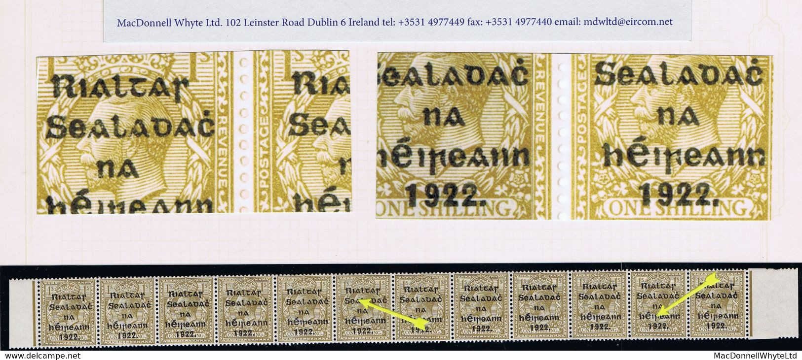 Ireland 1922 Thom Rialtas 5-line Black Ovpt 1/-, Complete Row Of 12 Plate Setting 2 With "R Over Se" And "Ei Over 1" Var - Neufs