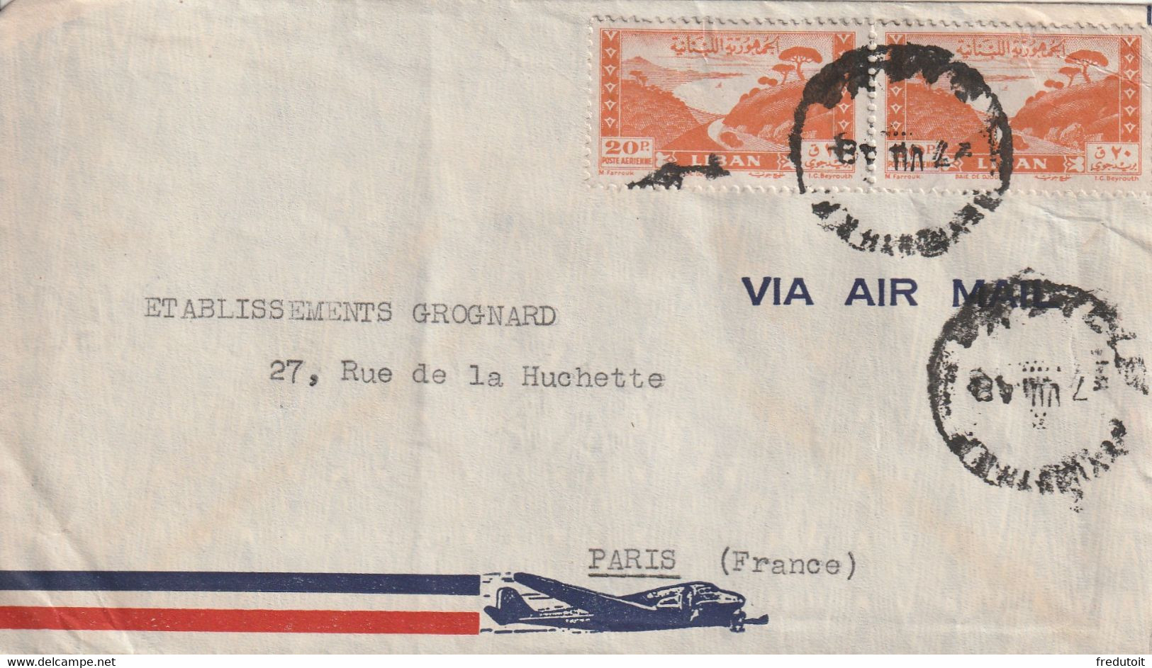 LETTRE - LIBAN : Beyrouth Le 27/07/1948 Pour Paris - Timbres Fiscaux Postaux Au Dos. - Libano