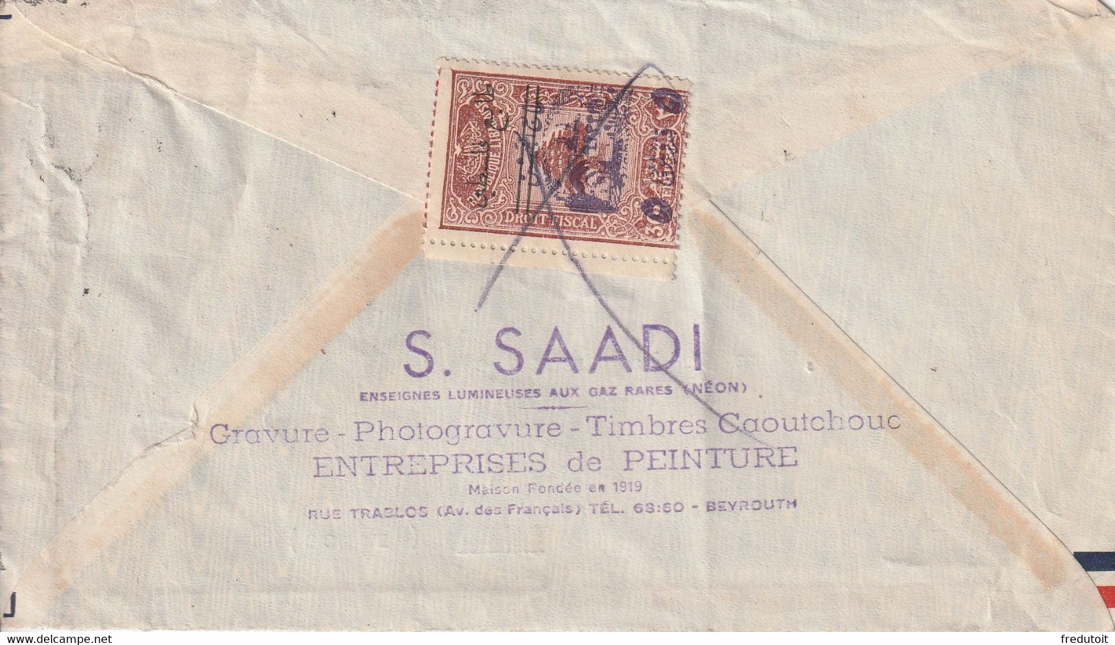 LETTRE - LIBAN : Beyrouth Le 27/07/1948 Pour Paris - Timbres Fiscaux Postaux Au Dos. - Libano