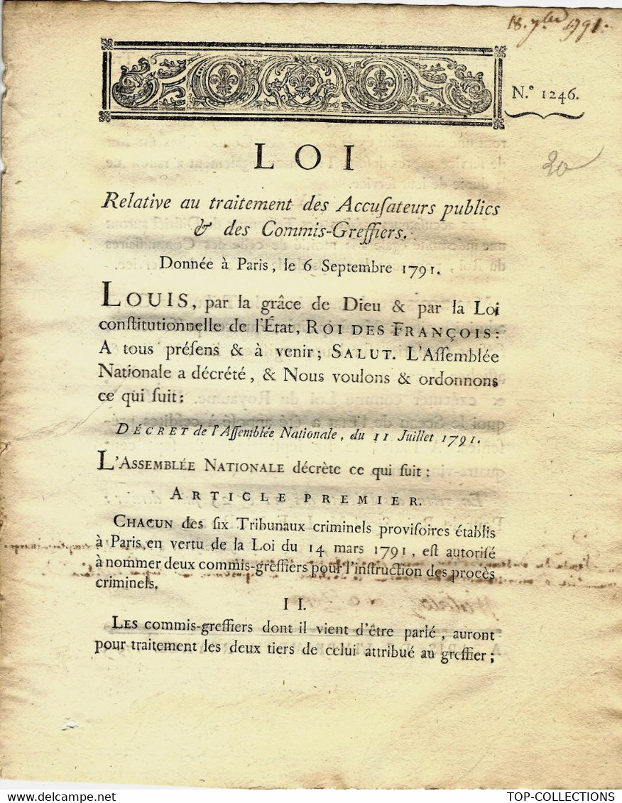 1791 REVOLUTION CONDAMNATION TRAITEMENT SALAIRE DES ACCUSATEURS PUBLICS - Wetten & Decreten