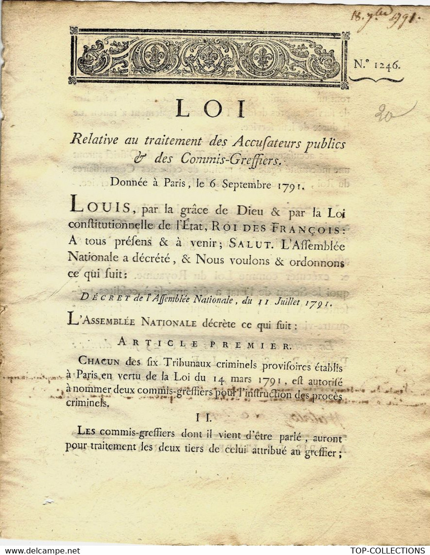 1791 REVOLUTION CONDAMNATION TRAITEMENT SALAIRE DES ACCUSATEURS PUBLICS - Decreti & Leggi