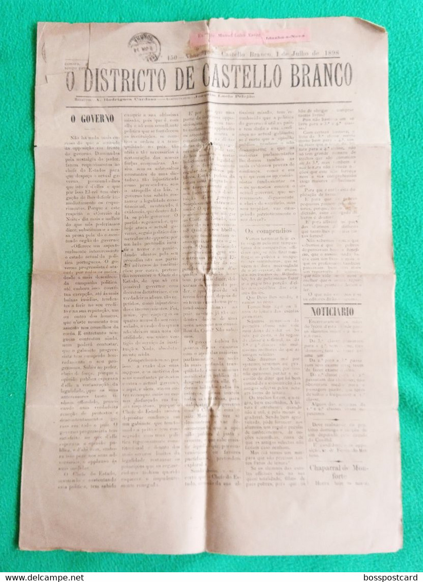 Castelo Branco - Jornal "O Districto De Castelo Branco", Nº 450, 1 De Julho De 898 - Imprensa - Portugal - Informaciones Generales