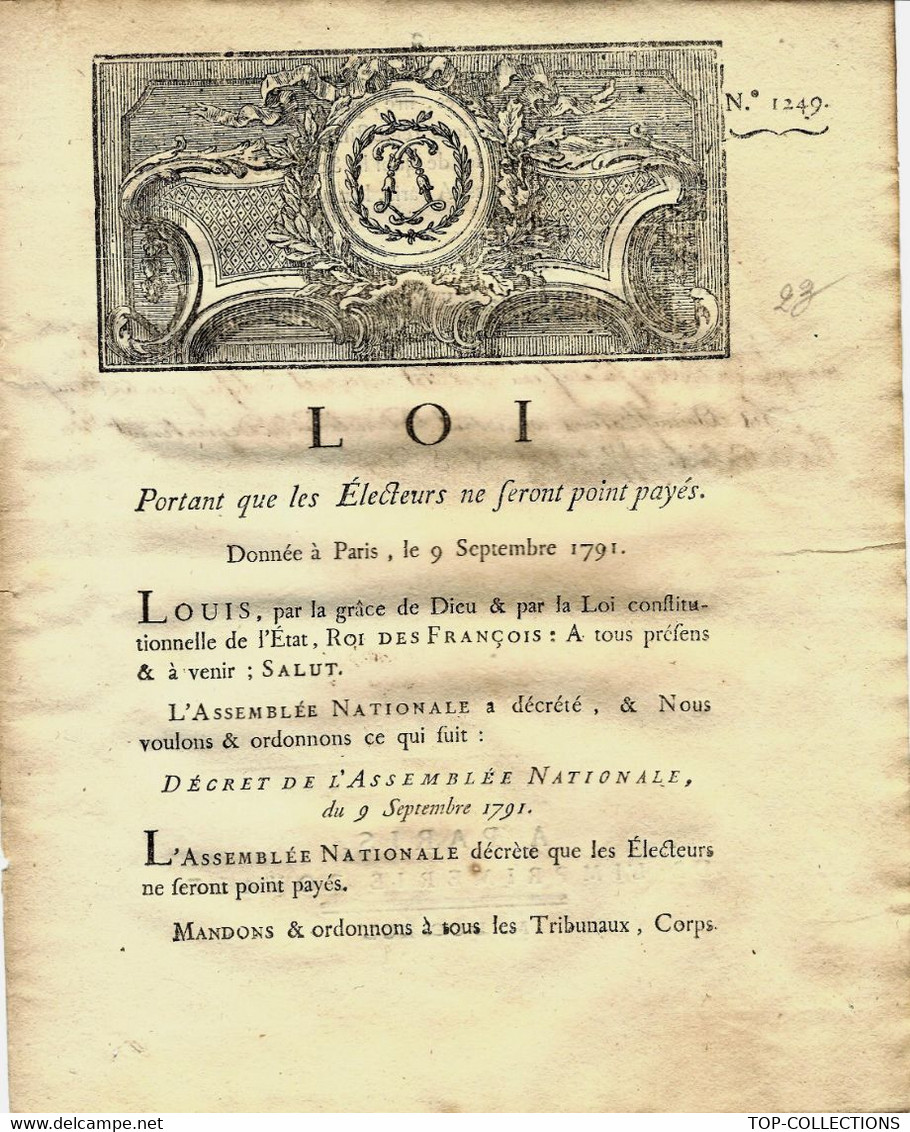 1791 REVOLUTION DE LA QUESTION DU NON PAIEMENT DES ELECTEURS VOIR SCANS+HISTORIQUE - Decretos & Leyes