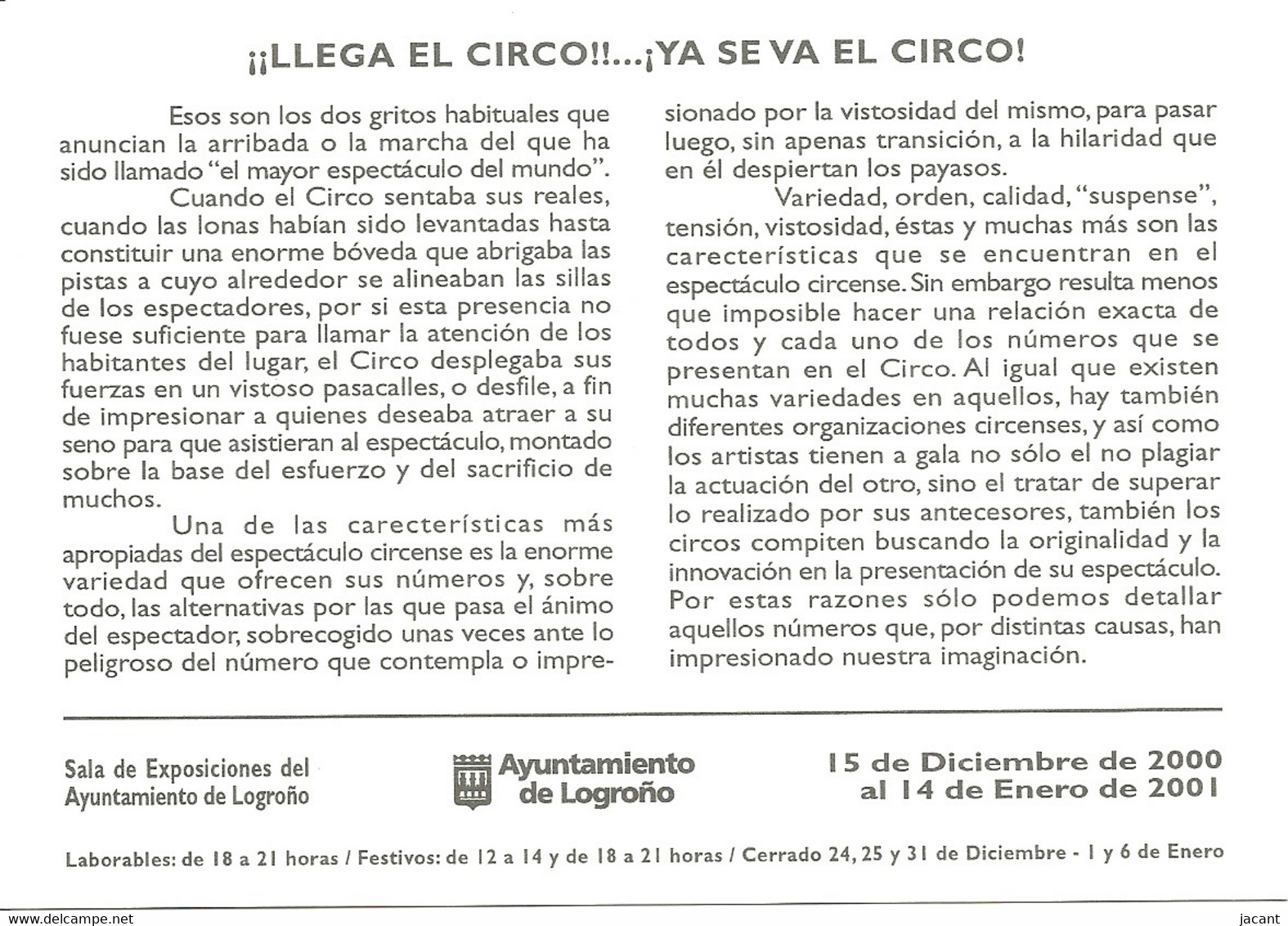 Logrono - Tarjeta De Publicidad Del Ayuntamiento - Exposicion El Circo - La Rioja (Logrono)