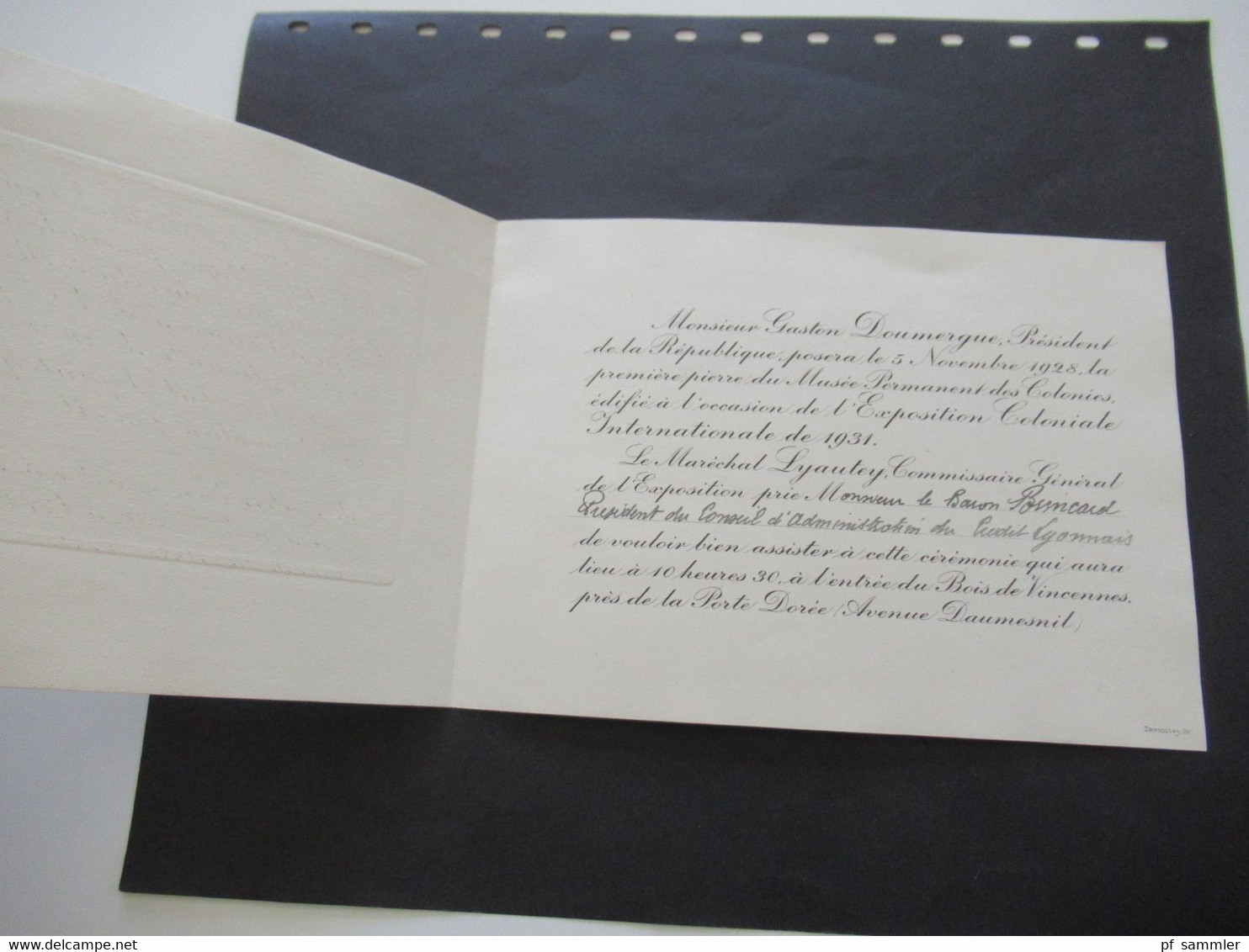 Frankreich 1928 Umschlag mit original Einladungskarte Exposition Coloniale Int. De Paris 1931 Gaston Doumergue President