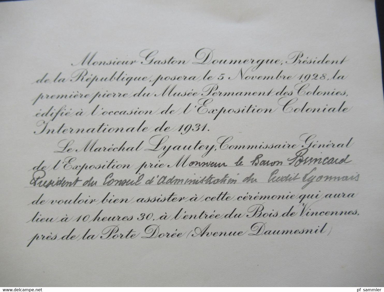 Frankreich 1928 Umschlag mit original Einladungskarte Exposition Coloniale Int. De Paris 1931 Gaston Doumergue President