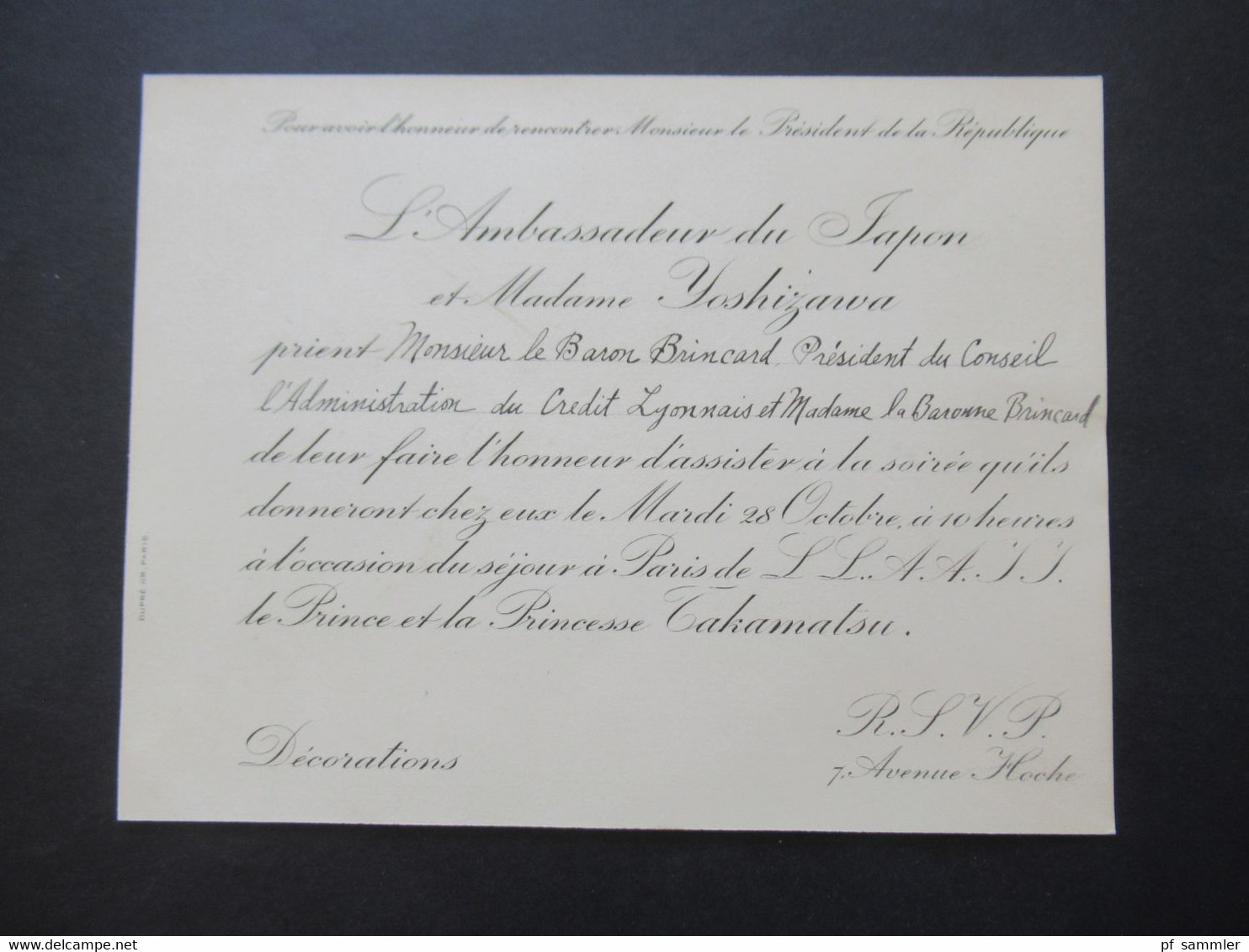 Frankreich 1930 Umschlag mit original Einladungskarte Ambassade Imperiale Du Japon Paris / Prince Takamatsu