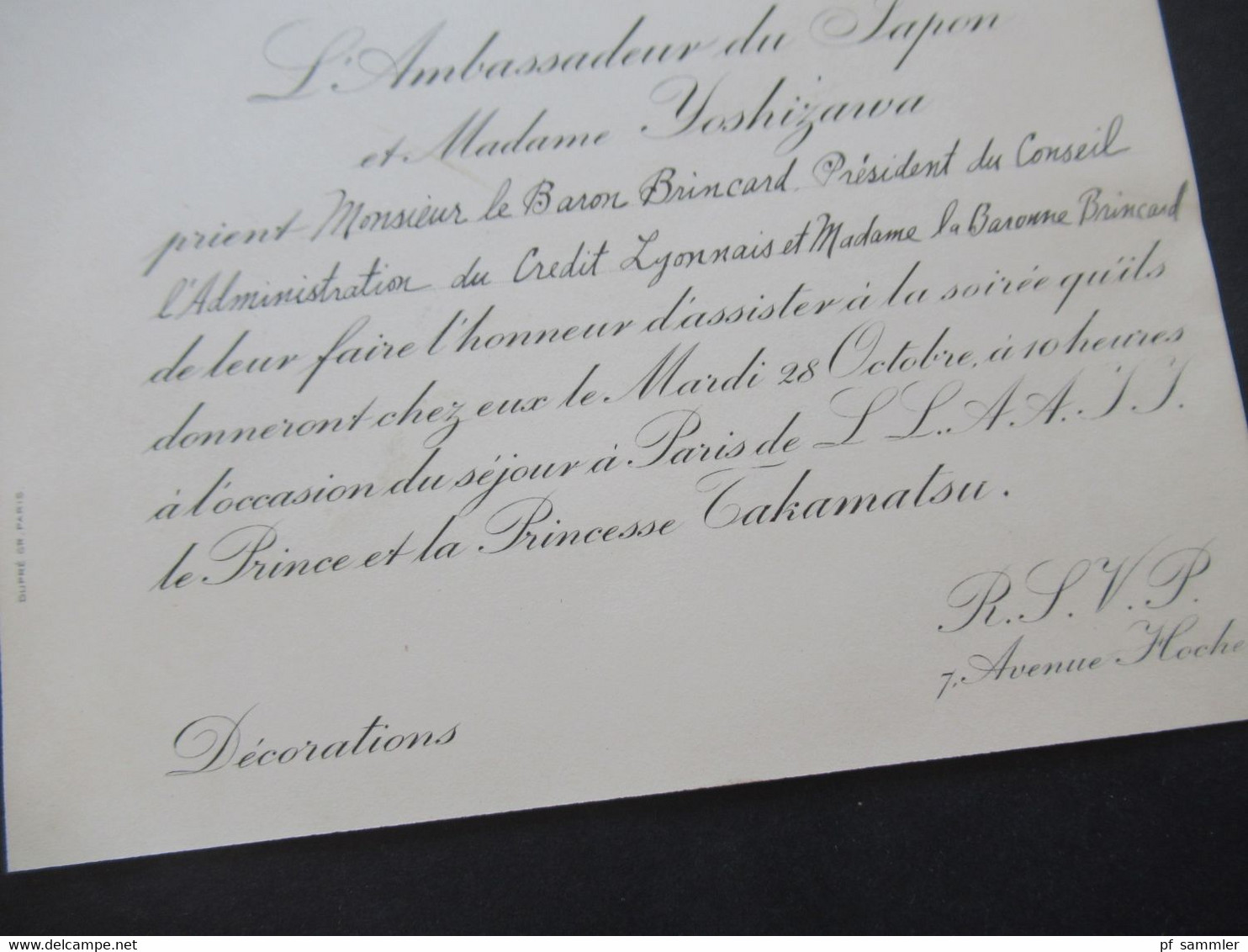 Frankreich 1930 Umschlag mit original Einladungskarte Ambassade Imperiale Du Japon Paris / Prince Takamatsu
