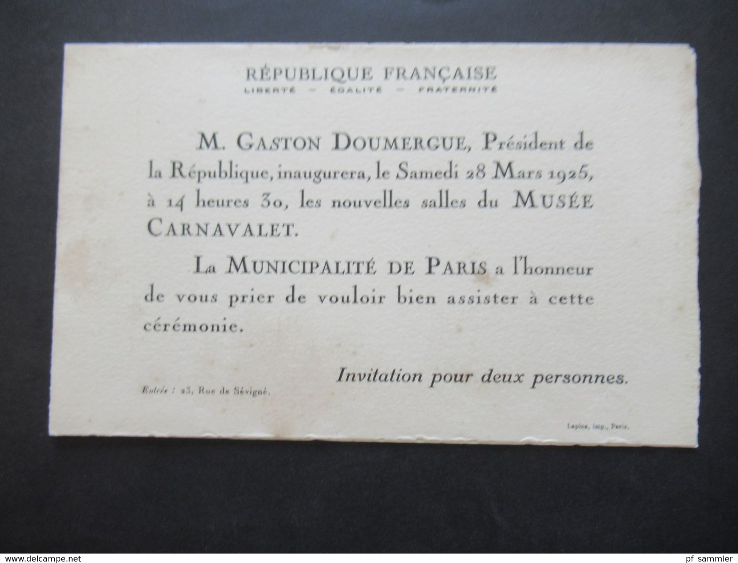 Frankreich 1925 Originale Einladungskarte Gaston Doumergue President Musée Carnavalet La Municipalité De Paris - Covers & Documents