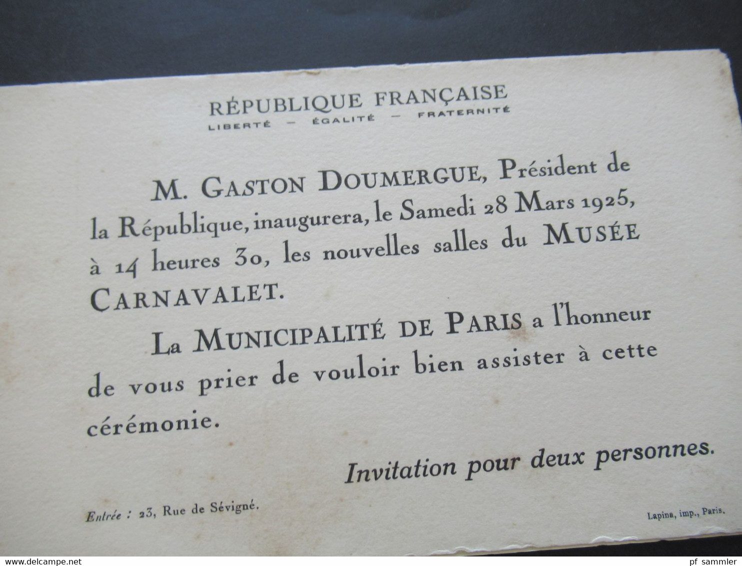 Frankreich 1925 Originale Einladungskarte Gaston Doumergue President Musée Carnavalet La Municipalité De Paris - Covers & Documents
