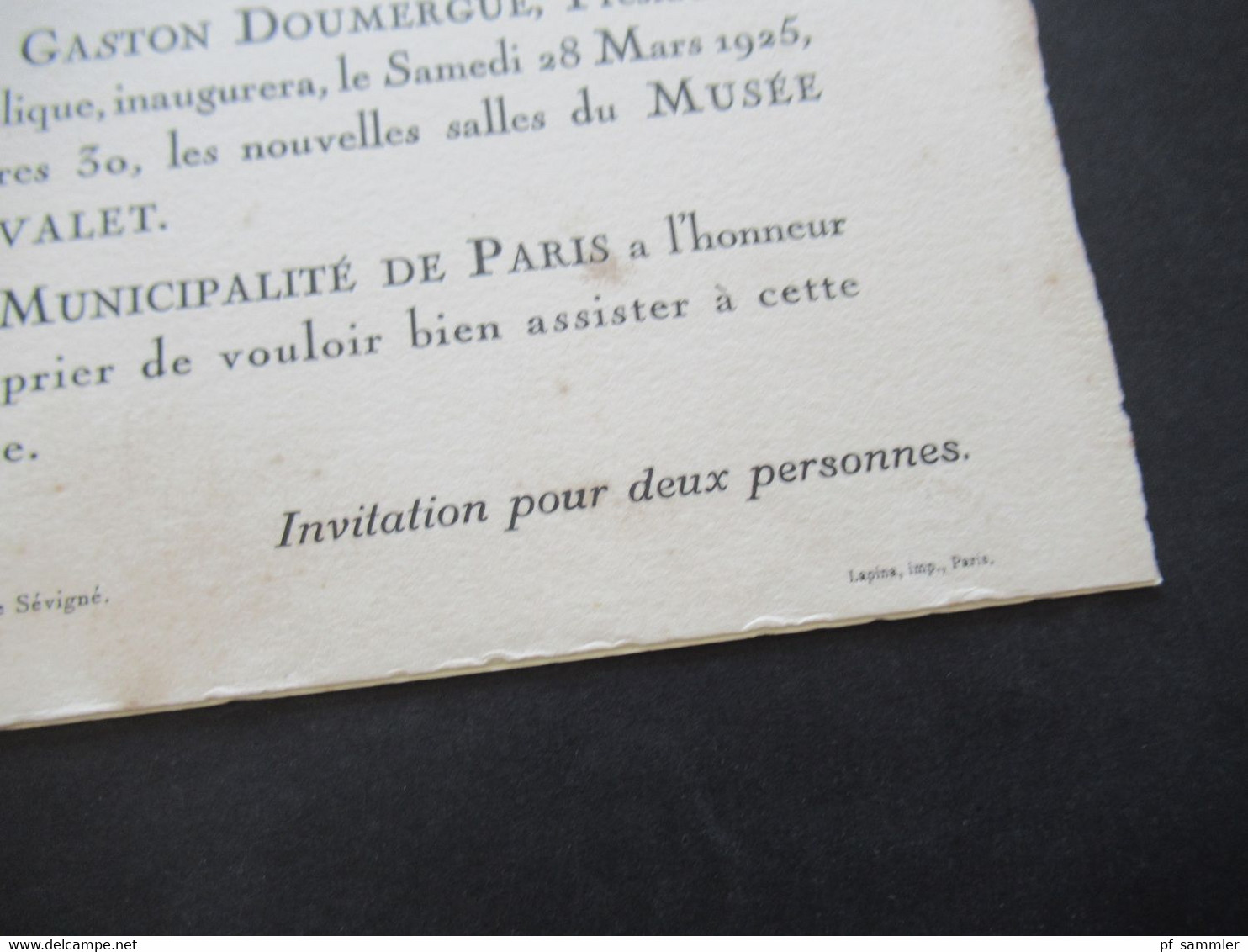 Frankreich 1925 Originale Einladungskarte Gaston Doumergue President Musée Carnavalet La Municipalité De Paris - Briefe U. Dokumente